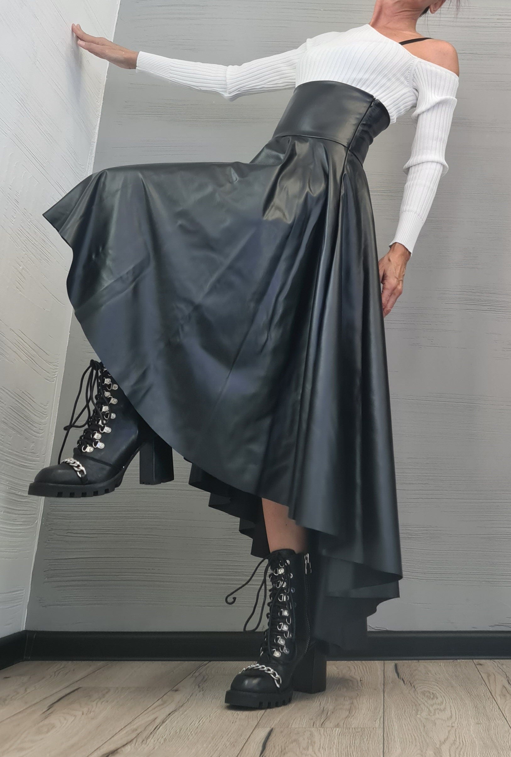 New Collection Eco Leather Skirt, High Waist Black Skirt, Asymmetric Skirt, Extravagant Woman Skirt, Short Long Skirt, Wedding Skirt