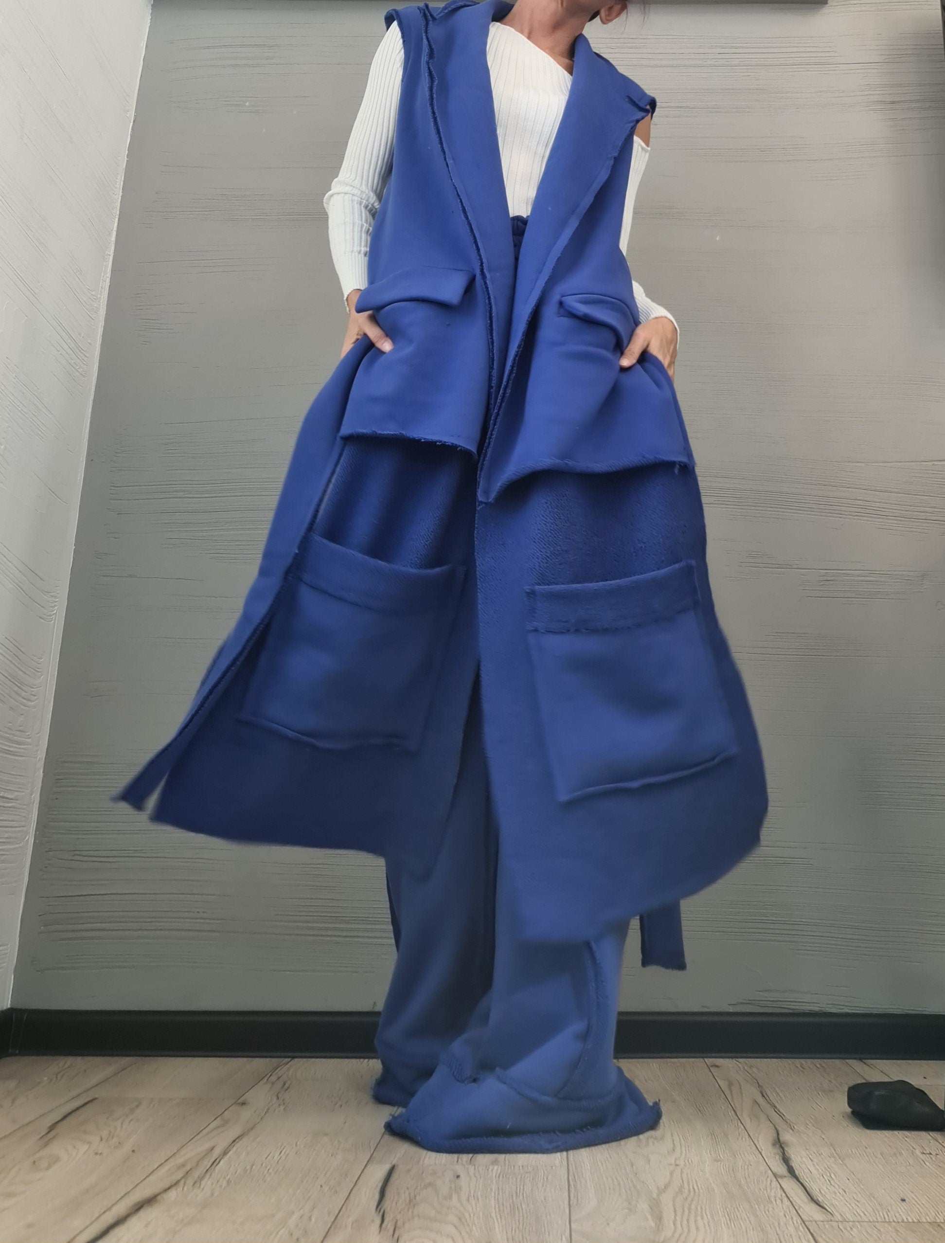 Outwear Women Set, Wide Leg Pants, Vest Long Short, Extravagant Cotton Set, Extravagant Vest, Asymmetrical Set Royal Blue