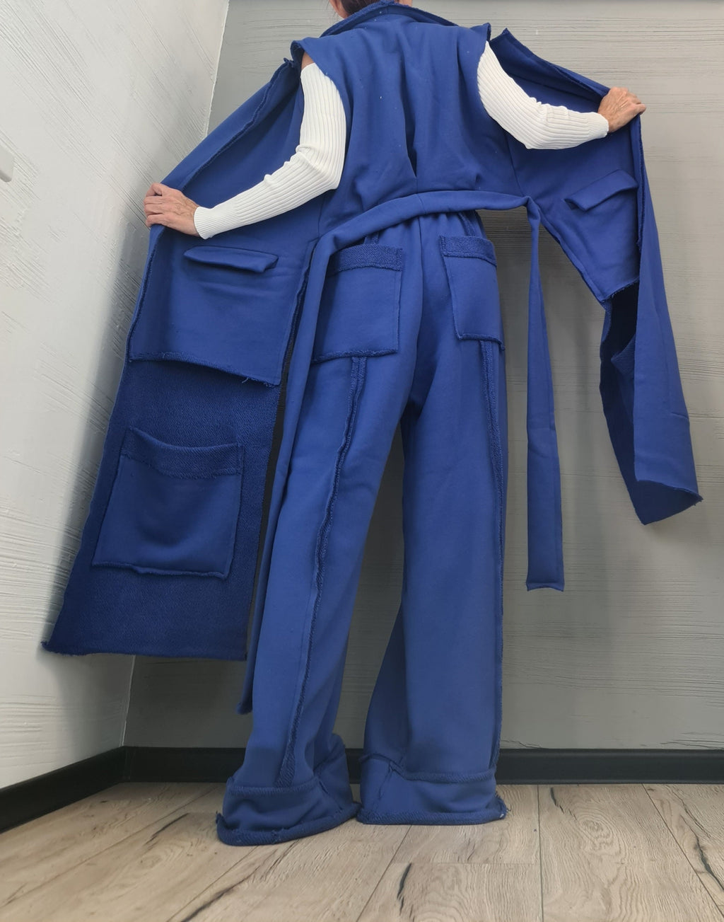 Outwear Women Set, Wide Leg Pants, Vest Long Short, Extravagant Cotton Set, Extravagant Vest, Asymmetrical Set Royal Blue