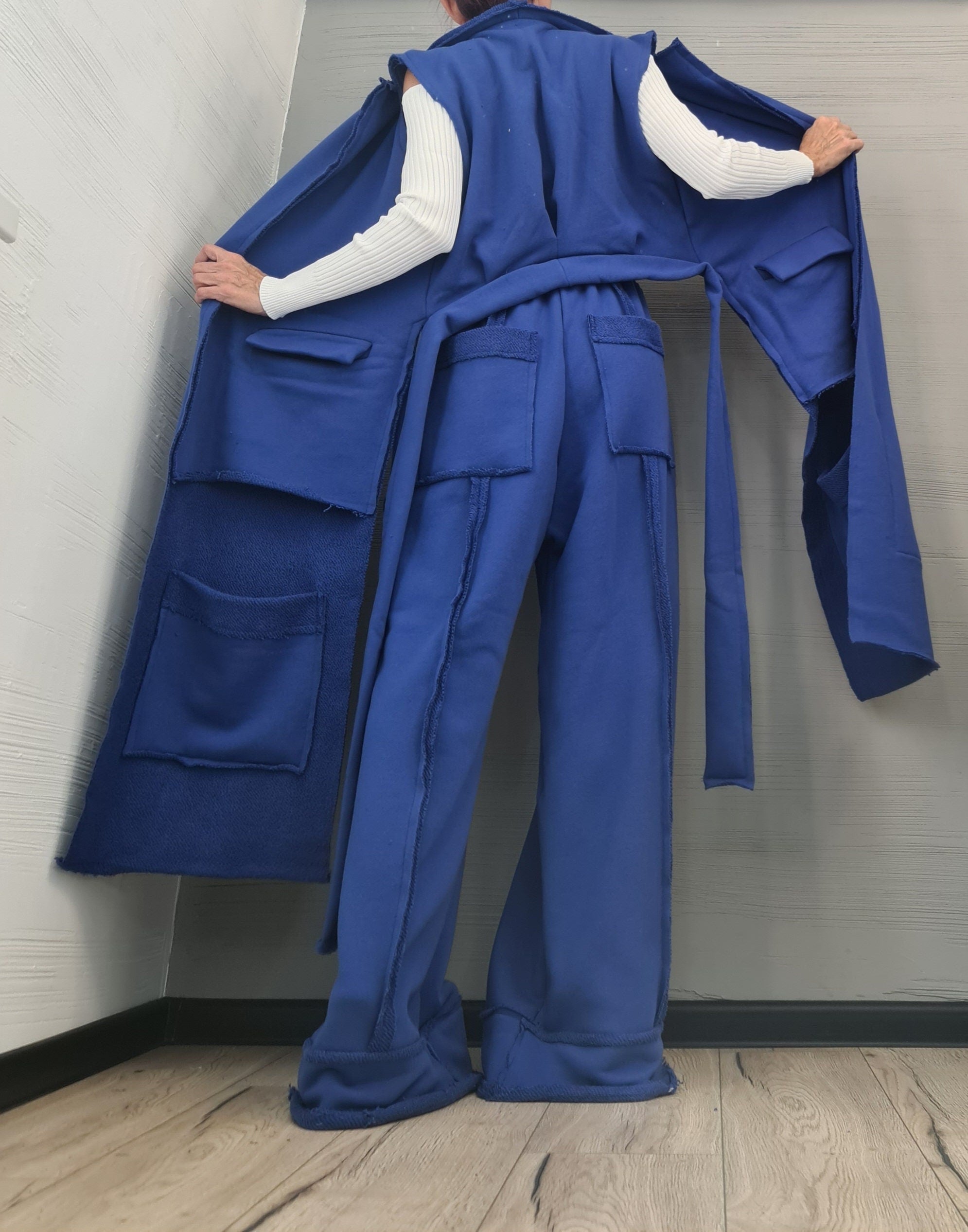 Outwear Women Set, Wide Leg Pants, Vest Long Short, Extravagant Cotton Set, Extravagant Vest, Asymmetrical Set Royal Blue