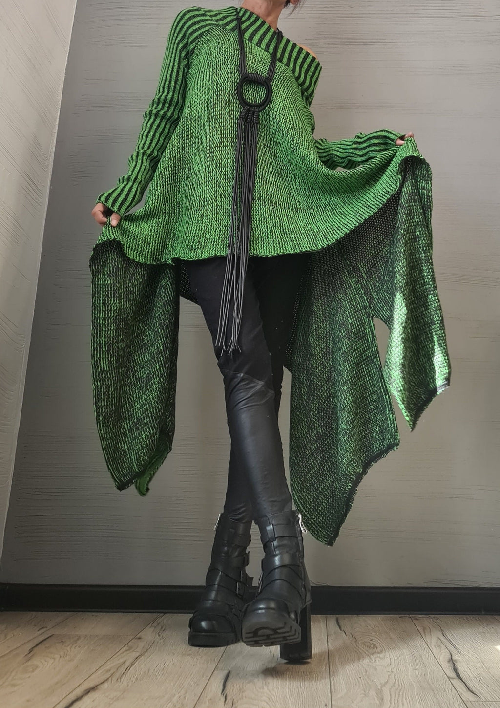 NEW Collection Knitted Sexy Top Blouse, Green Extravagant Long Top, Avant Garde Blouse, Sexy Top, Open shoulders Long sleeve