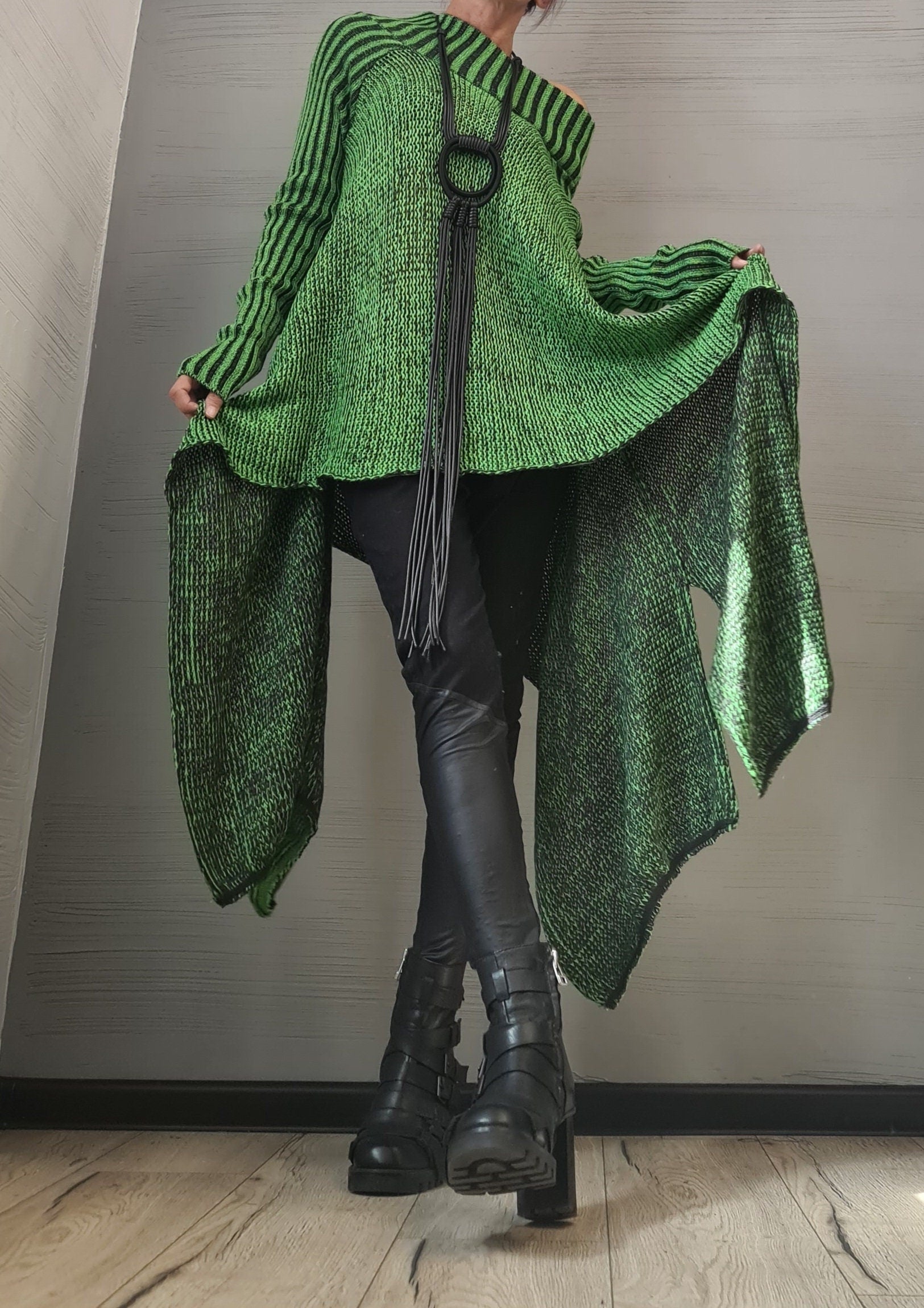 NEW Collection Knitted Sexy Top Blouse, Green Extravagant Long Top, Avant Garde Blouse, Sexy Top, Open shoulders Long sleeve