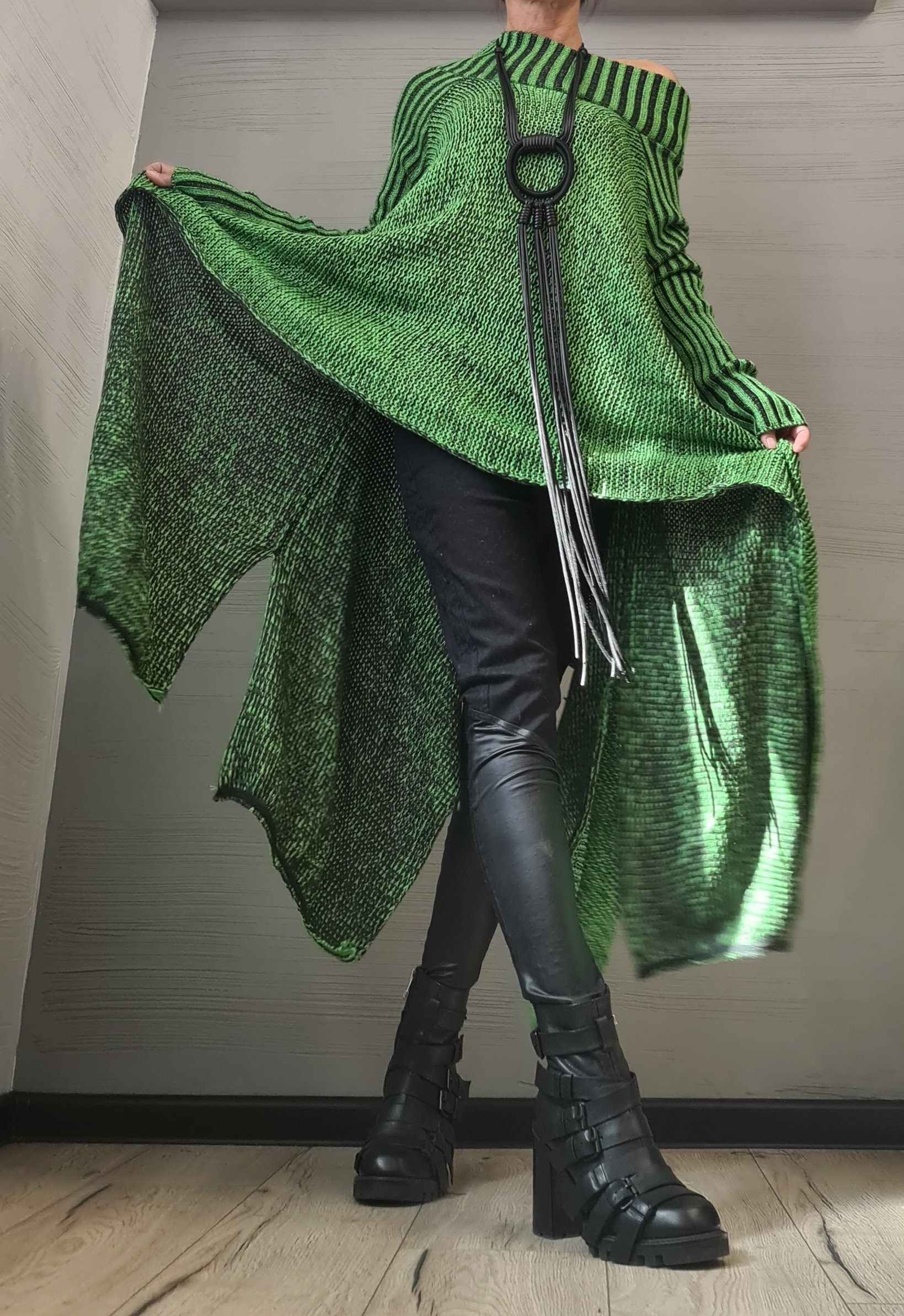 NEW Collection Knitted Sexy Top Blouse, Green Extravagant Long Top, Avant Garde Blouse, Sexy Top, Open shoulders Long sleeve