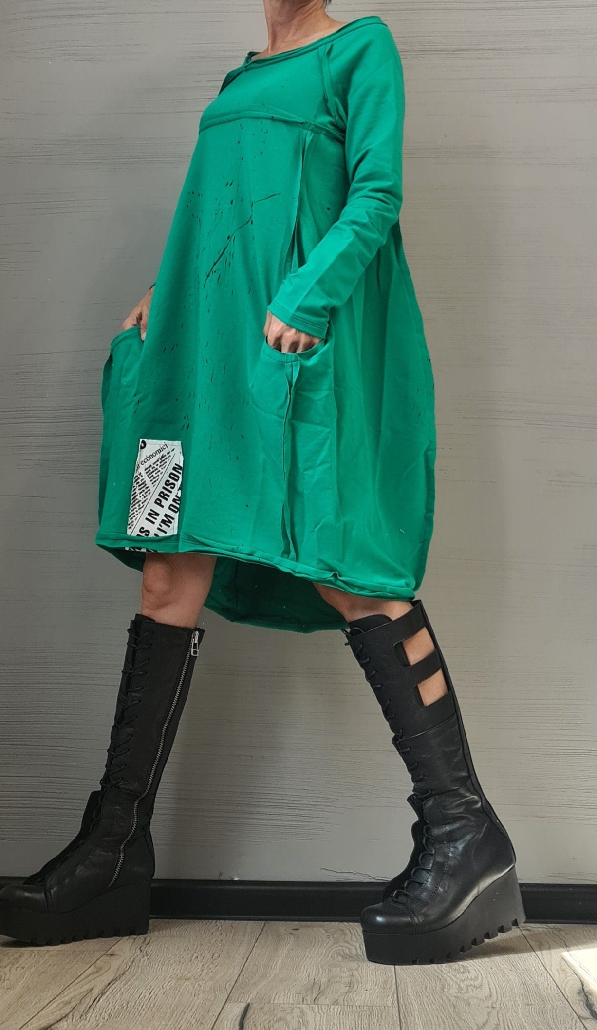 Green Extravagant Dress, One Shoulder Dress, Tunic Dress, Plus Size Clothing, Blouson Dress, Asymmetric Dress, Long Sleeve Dress