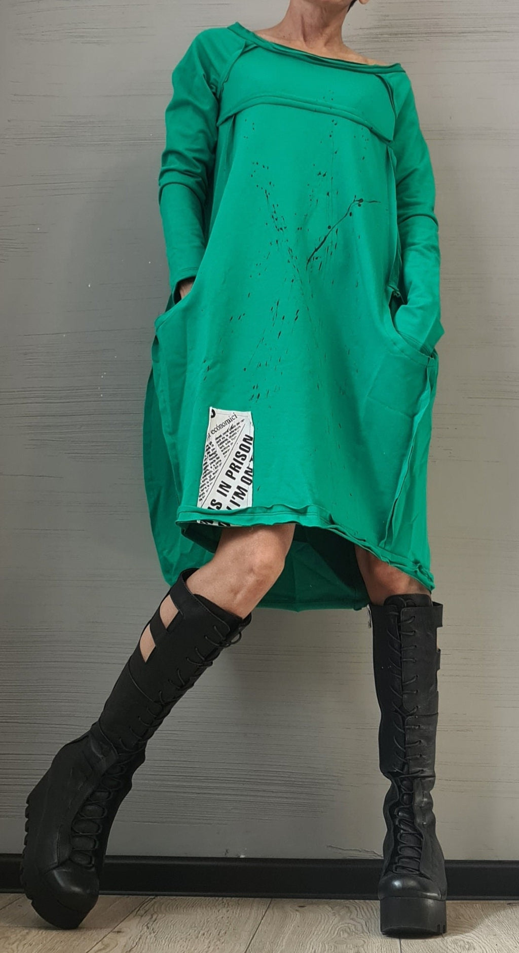 Green Extravagant Dress, One Shoulder Dress, Tunic Dress, Plus Size Clothing, Blouson Dress, Asymmetric Dress, Long Sleeve Dress
