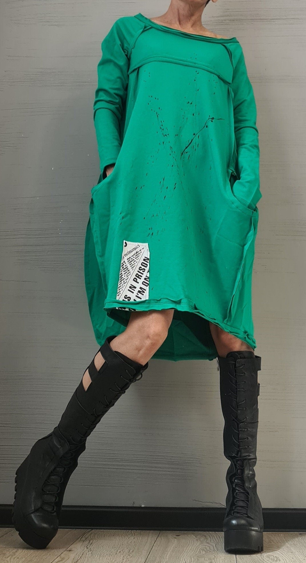 Green Extravagant Dress, One Shoulder Dress, Tunic Dress, Plus Size Clothing, Blouson Dress, Asymmetric Dress, Long Sleeve Dress