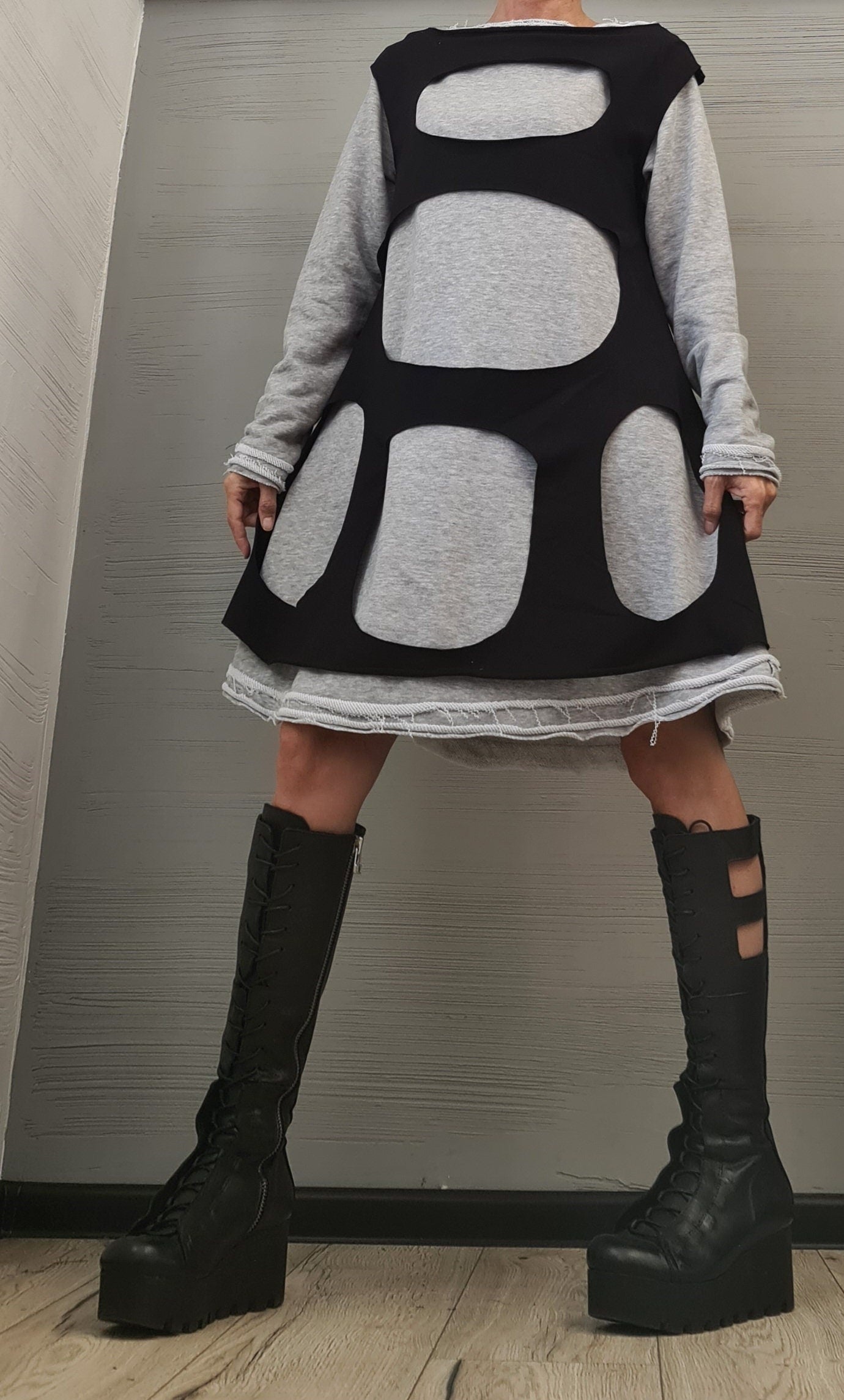 Dress in two parts, Asymmetric Dress, Plus Size Clothing, Cotton Dress, Loose Fit Dress, Long Sleeve Dress, Extravagant Dress