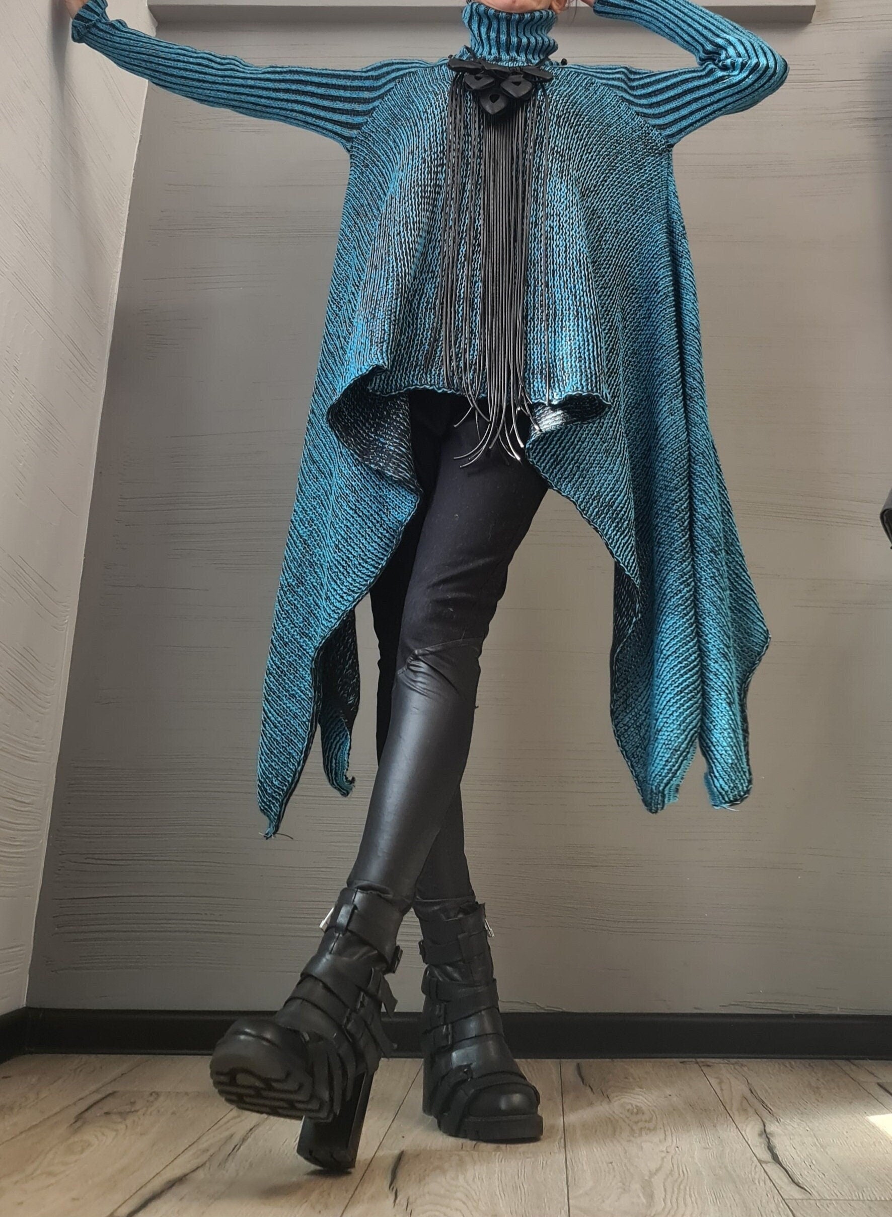 NEW Collection Knitted Sexy Turtle Neck Top Blouse, Extravagant Top, Avant Garde Blouse, Sexy Top, Long sleeve, Turquoise