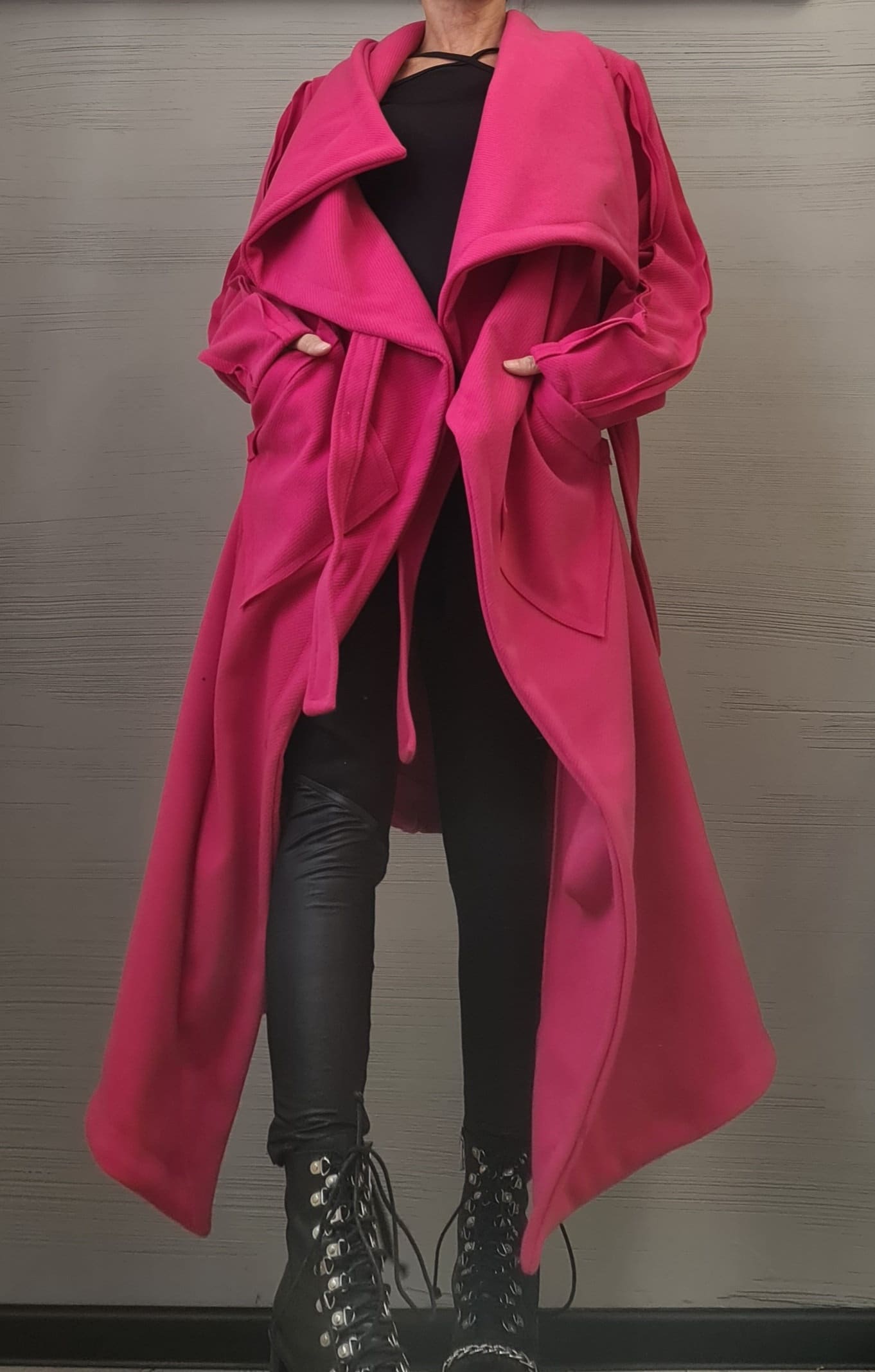 Asymmetric Extravagant Long Coat, Wool Coat, Gothic Coat, Plus Size Clothing, Winter Women Coat, New collection, Avant Garde Hot Pink Coat