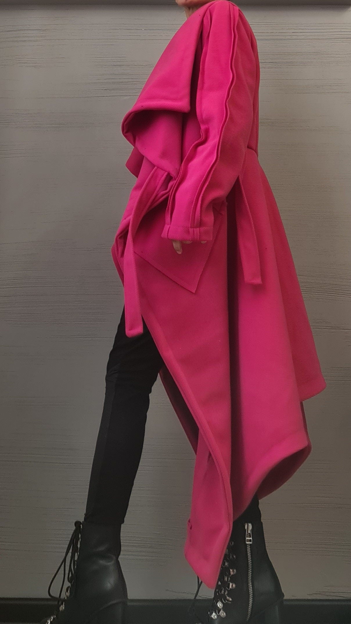 Asymmetric Extravagant Long Coat, Wool Coat, Gothic Coat, Plus Size Clothing, Winter Women Coat, New collection, Avant Garde Hot Pink Coat