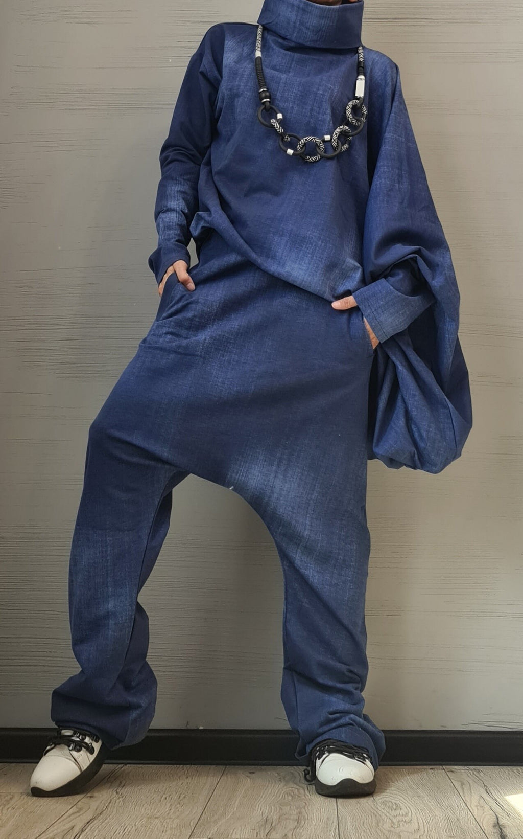 New collection Extravagant Set, Cotton print denim, Harem pant, Asymmetrical Set, Outwear Women Set, Harem Pants, Blouse Asymmetric Sleeves