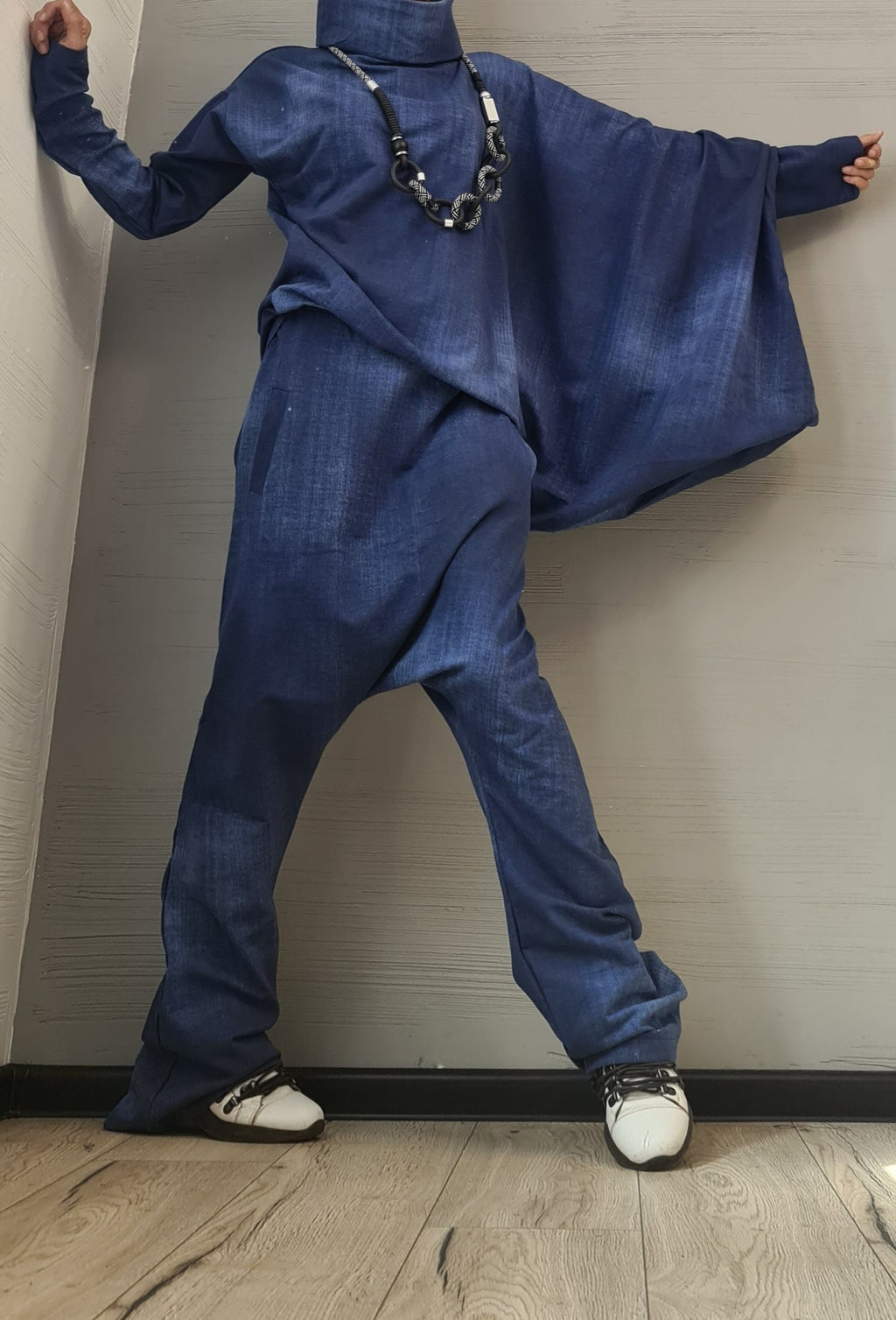 New collection Extravagant Set, Cotton print denim, Harem pant, Asymmetrical Set, Outwear Women Set, Harem Pants, Blouse Asymmetric Sleeves