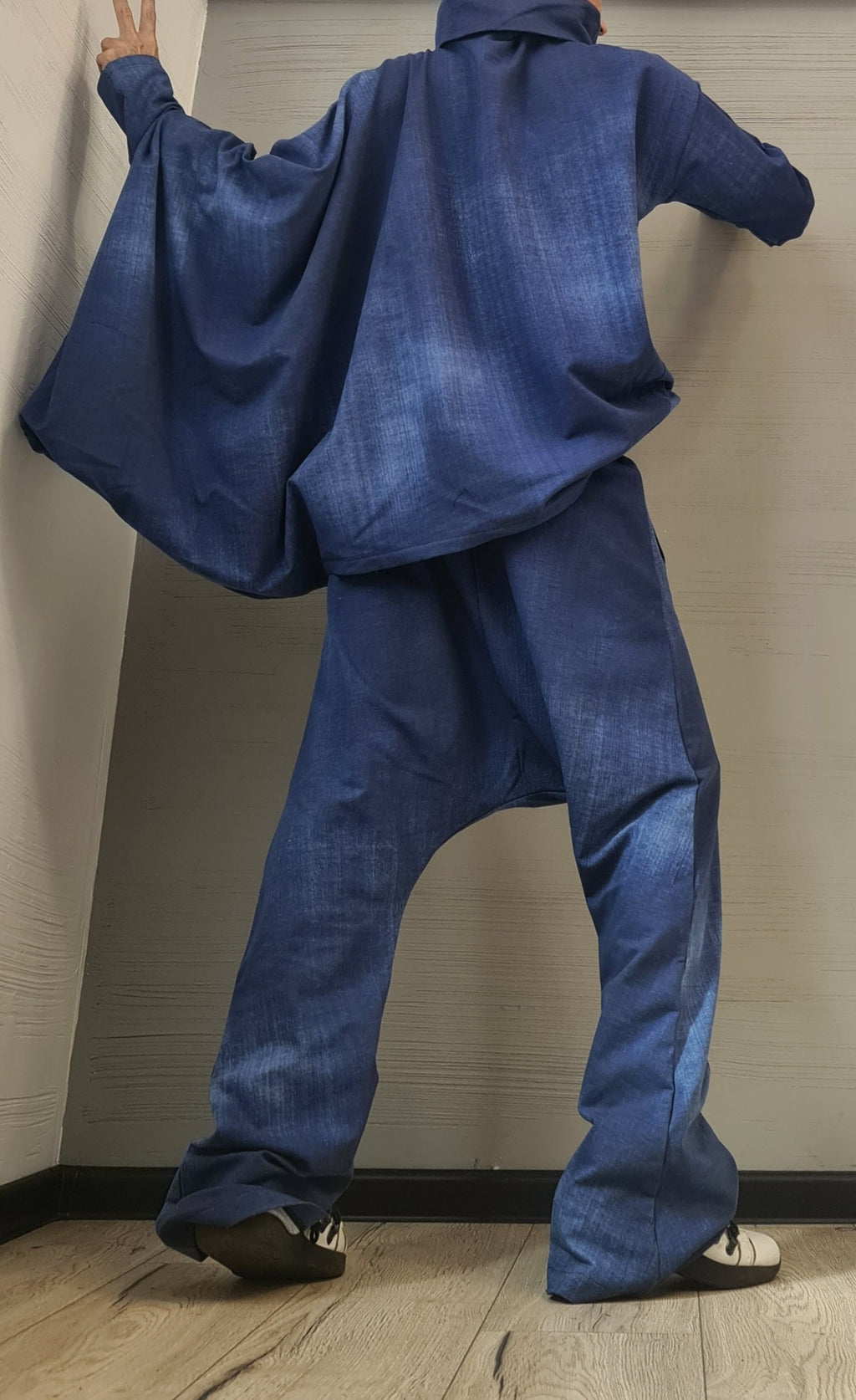 New collection Extravagant Set, Cotton print denim, Harem pant, Asymmetrical Set, Outwear Women Set, Harem Pants, Blouse Asymmetric Sleeves