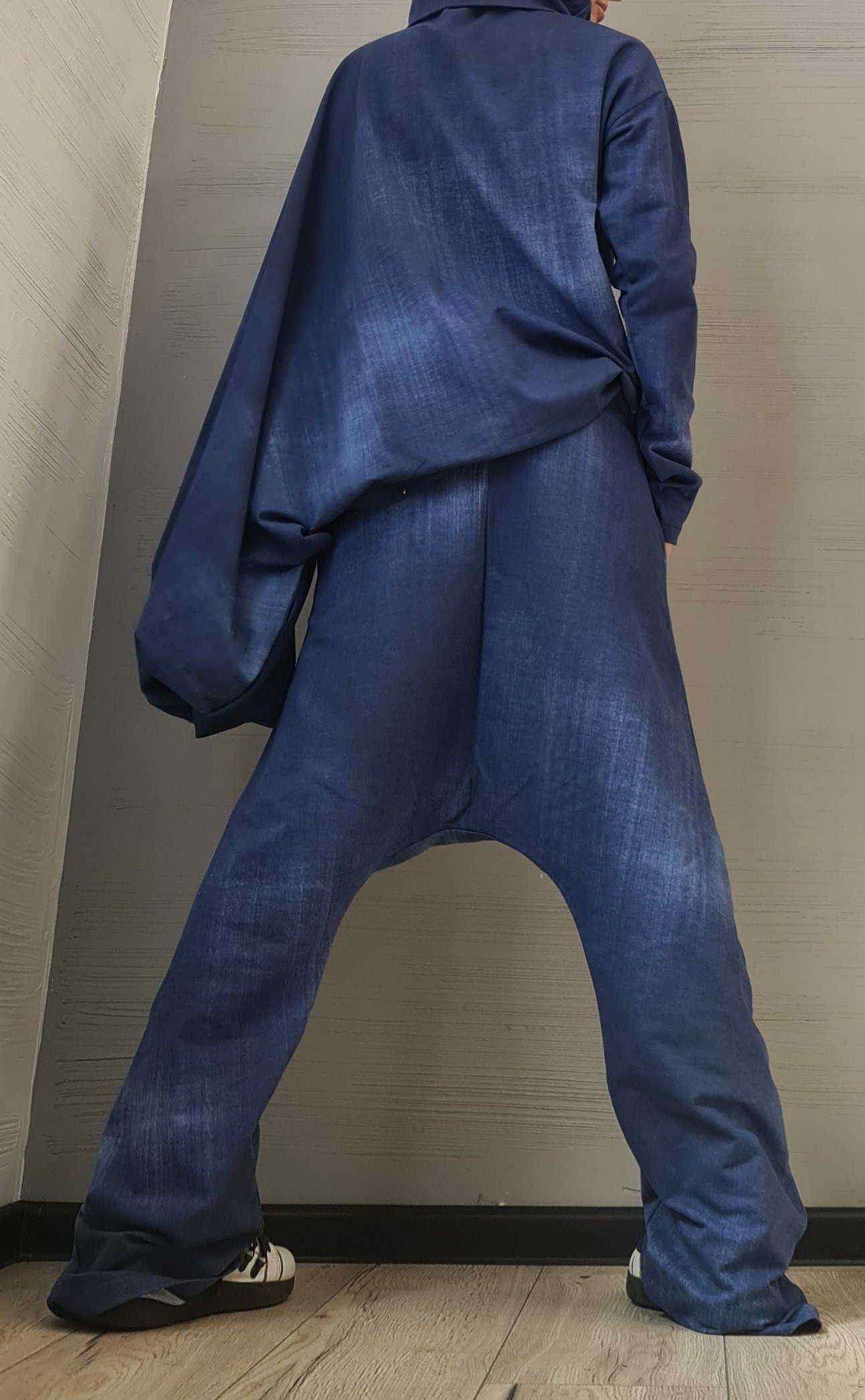 New collection Extravagant Set, Cotton print denim, Harem pant, Asymmetrical Set, Outwear Women Set, Harem Pants, Blouse Asymmetric Sleeves