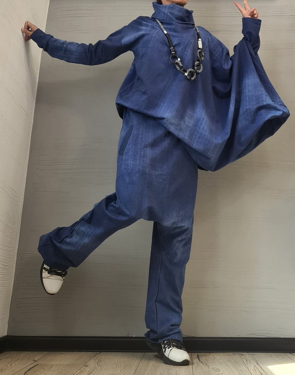 New collection Extravagant Set, Cotton print denim, Harem pant, Asymmetrical Set, Outwear Women Set, Harem Pants, Blouse Asymmetric Sleeves