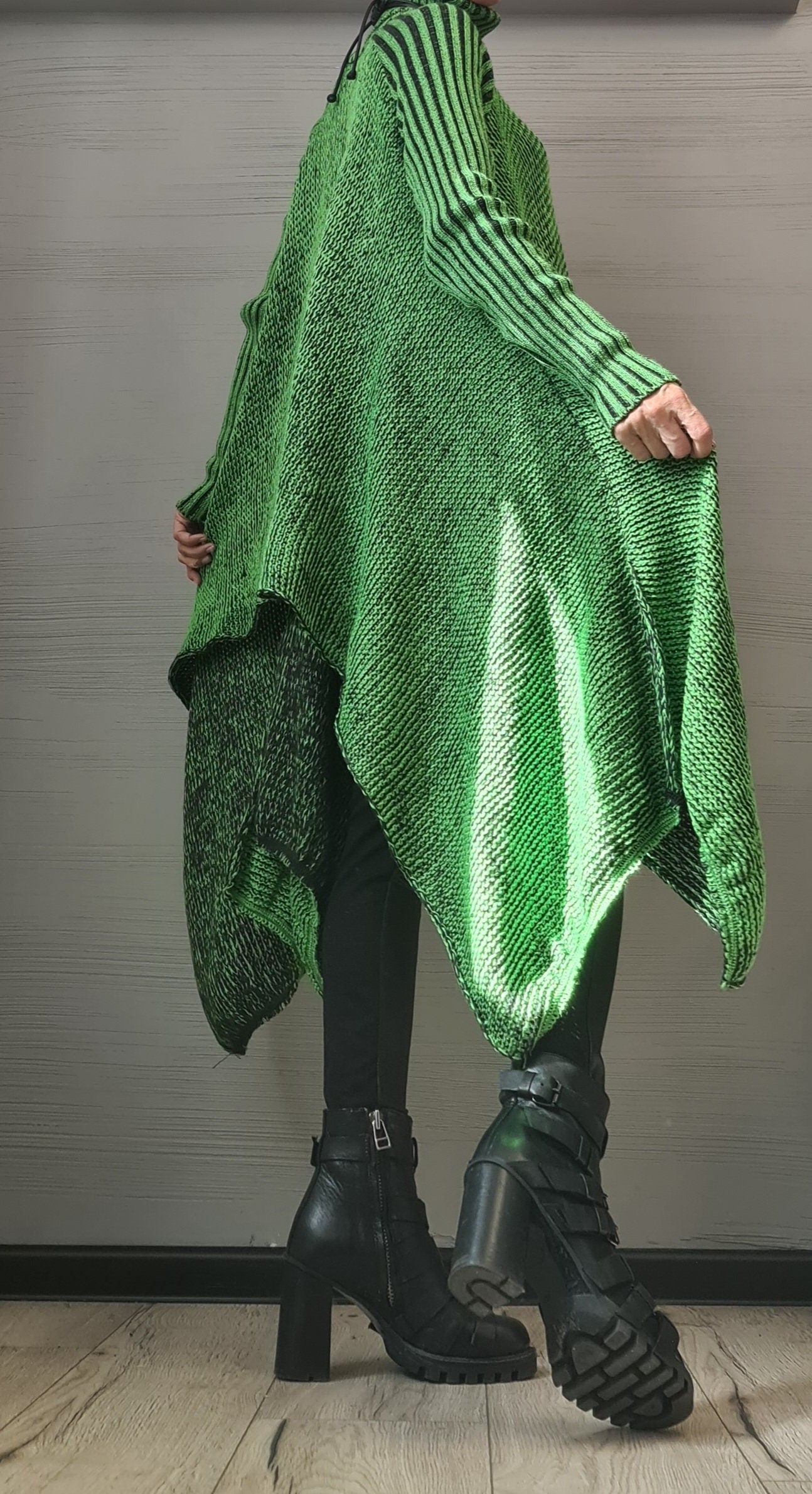NEW Collection Knitted Sexy Top Blouse, Green Extravagant Long Top, Avant Garde Blouse, Sexy Top, Open shoulders Long sleeve