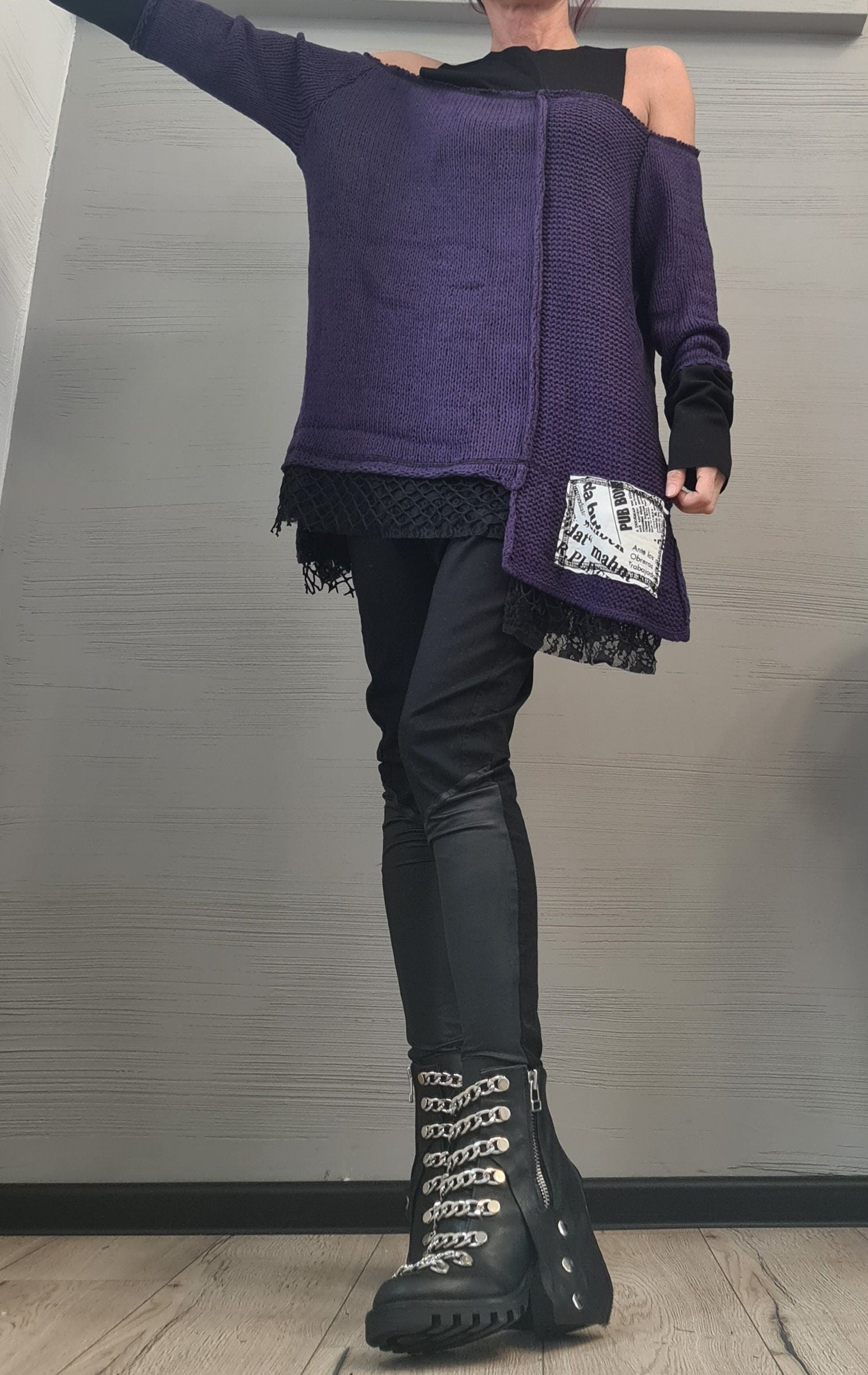 Extravagant Knitted Blouse Tunic, Asymmetric Knitted Tunic, Sexy Blouse , Long Sleeve, New collection Bare Shoulder Blouse