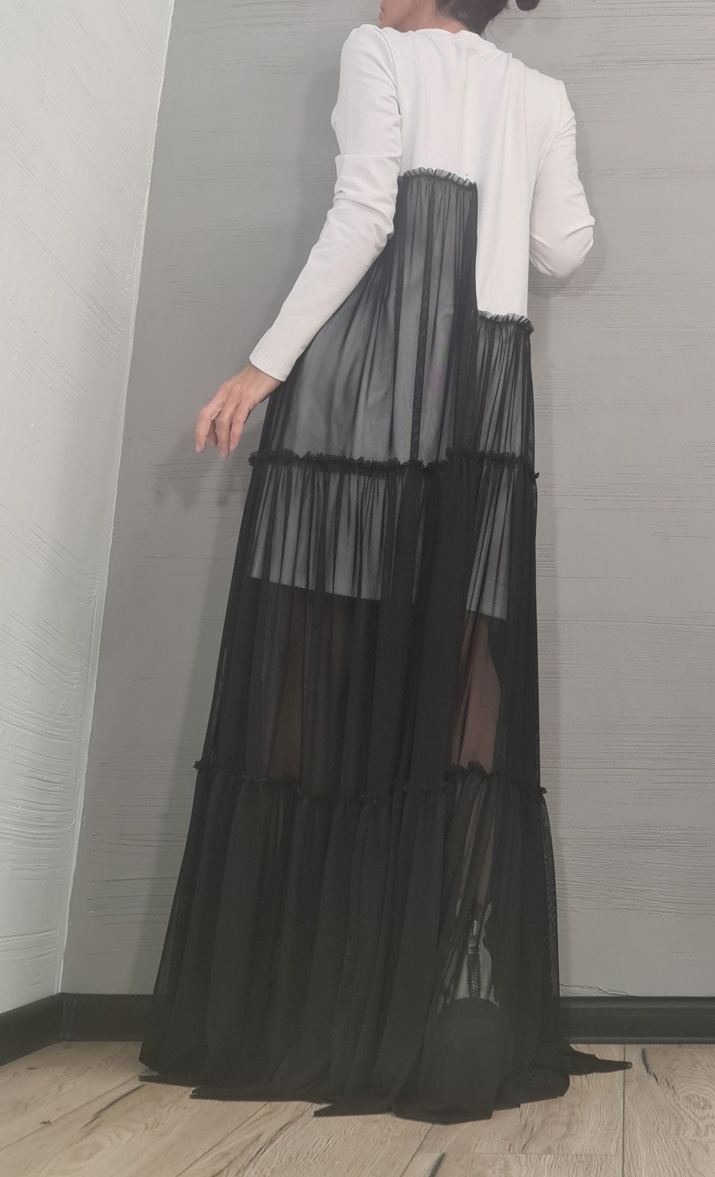 Cocktail Dress, Party Tull Dress, Sexy Dress Extravagant Dress, Asymmetric Tull  Dress, Plus Size Clothing, Maxi Dress, Long sleeve