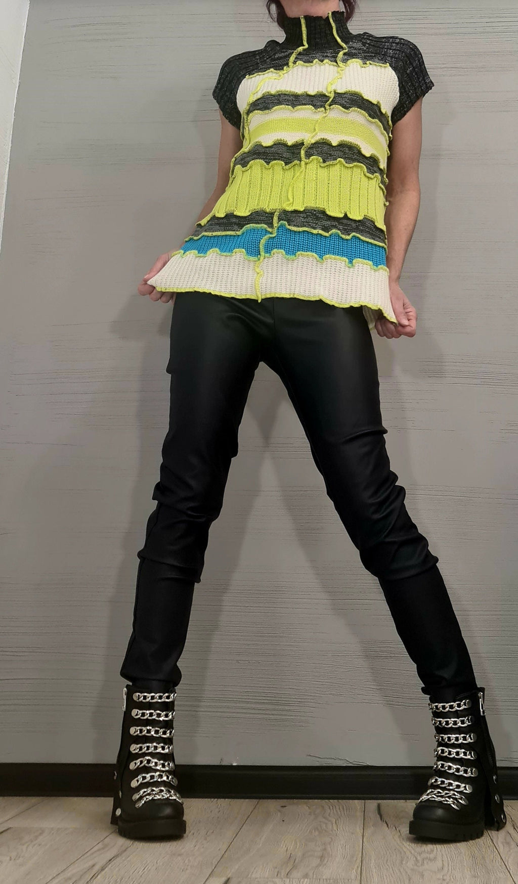 NEW Collection Knitted Blouse, Lime, white, light blue, gray,  Extravagant Top, Avant Garde Blouse, Knitted blouse Short sleeve