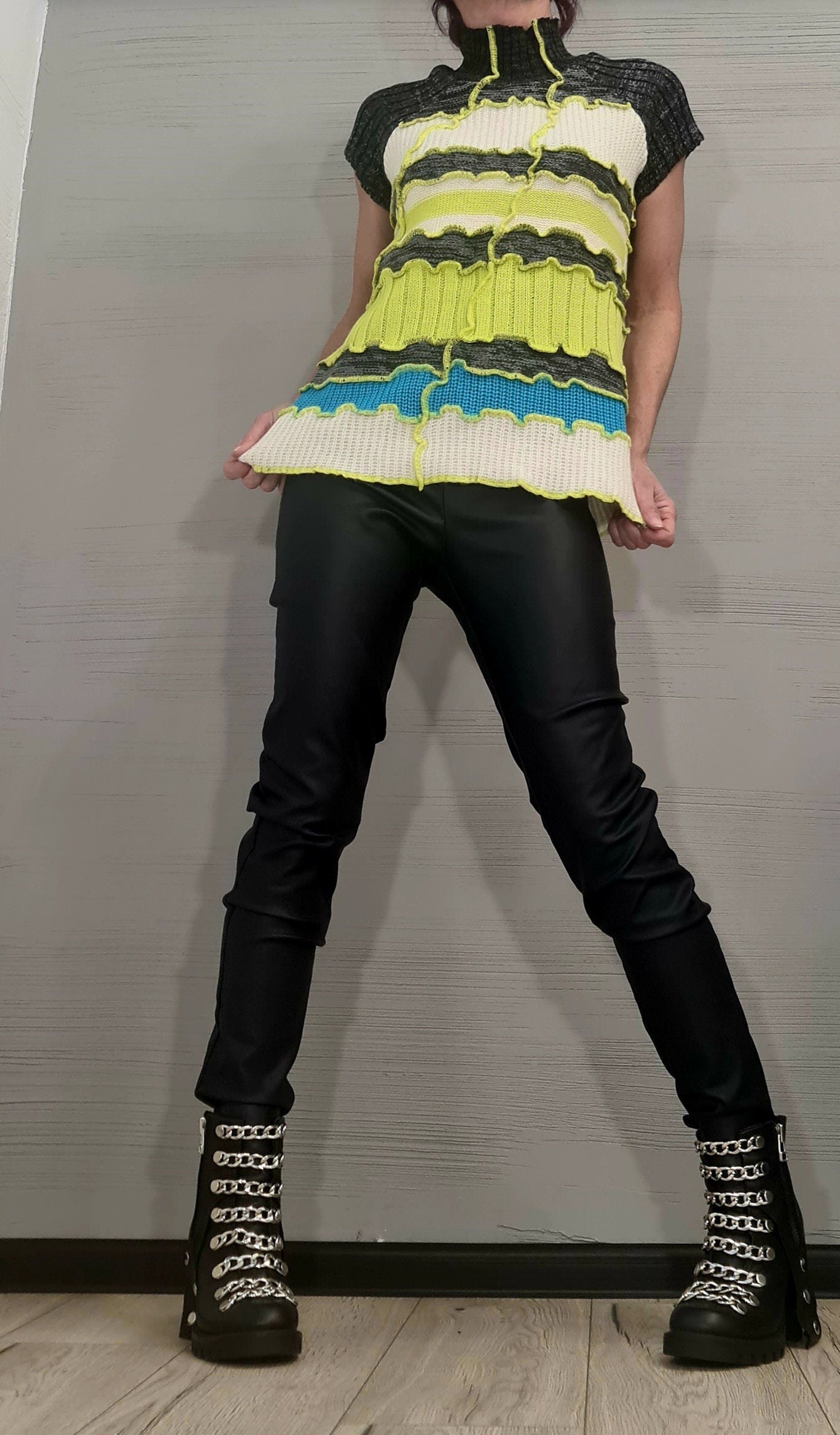 NEW Collection Knitted Blouse, Lime, white, light blue, gray,  Extravagant Top, Avant Garde Blouse, Knitted blouse Short sleeve