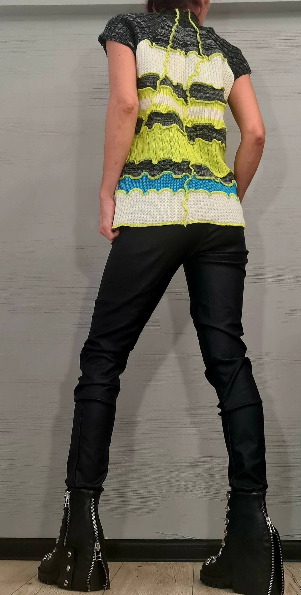 NEW Collection Knitted Blouse, Lime, white, light blue, gray,  Extravagant Top, Avant Garde Blouse, Knitted blouse Short sleeve