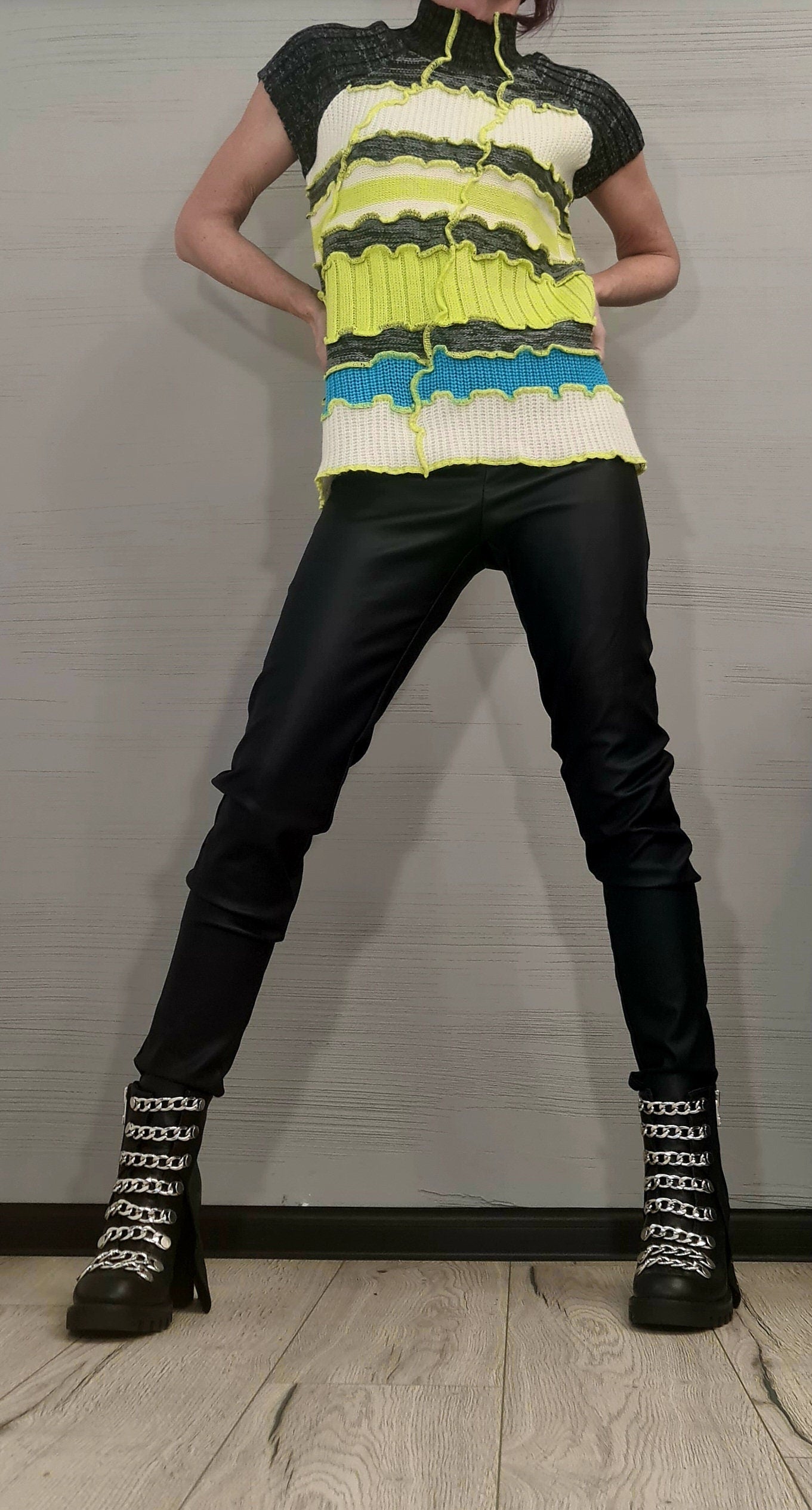 NEW Collection Knitted Blouse, Lime, white, light blue, gray,  Extravagant Top, Avant Garde Blouse, Knitted blouse Short sleeve