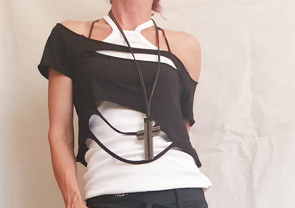 Black Leather Cross Necklace, Extravagant Leather Necklace, Gothic HandMade Necklace, Amulet Cross Necklace, Christmas gift for her