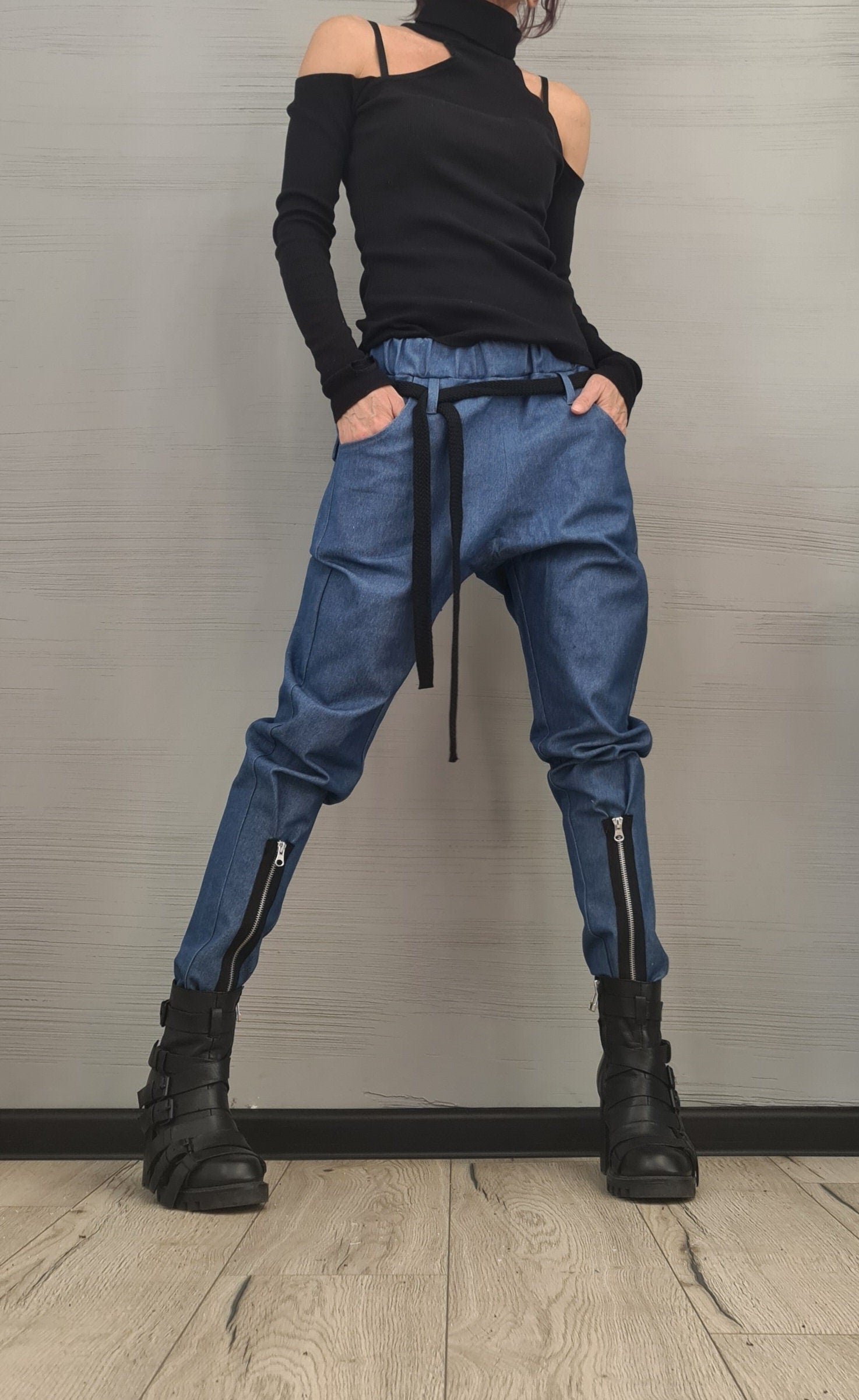 Extravagant Women Denim Harem Pants, Tight Zipper Pants, Women Baggy Trousers, Harem Trousers, White Loose Pants, Gothic Pants