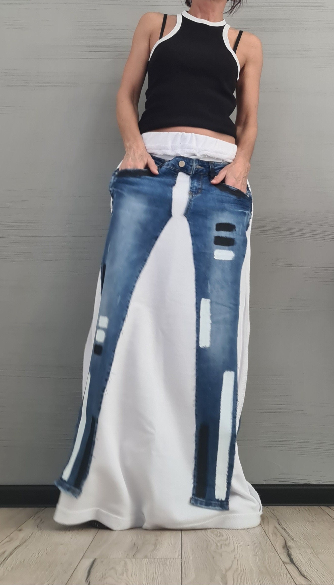 Avant-Garde White Long Skirt Dress – Asymmetrical Cotton Maxi Skirt with Raw Seams – Statement Clothing XS-5XL Outside Seam DRESSSHOESCODE
