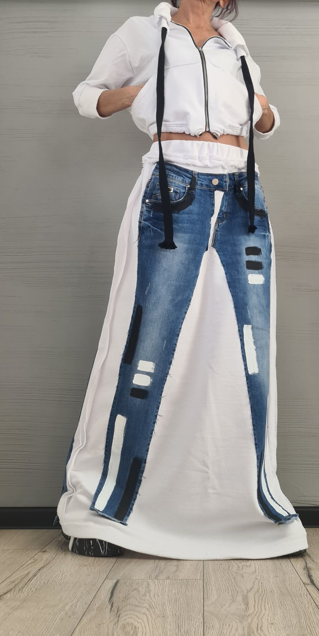 Avant-Garde White Long Skirt Dress – Asymmetrical Cotton Maxi Skirt with Raw Seams – Statement Clothing XS-5XL Outside Seam DRESSSHOESCODE