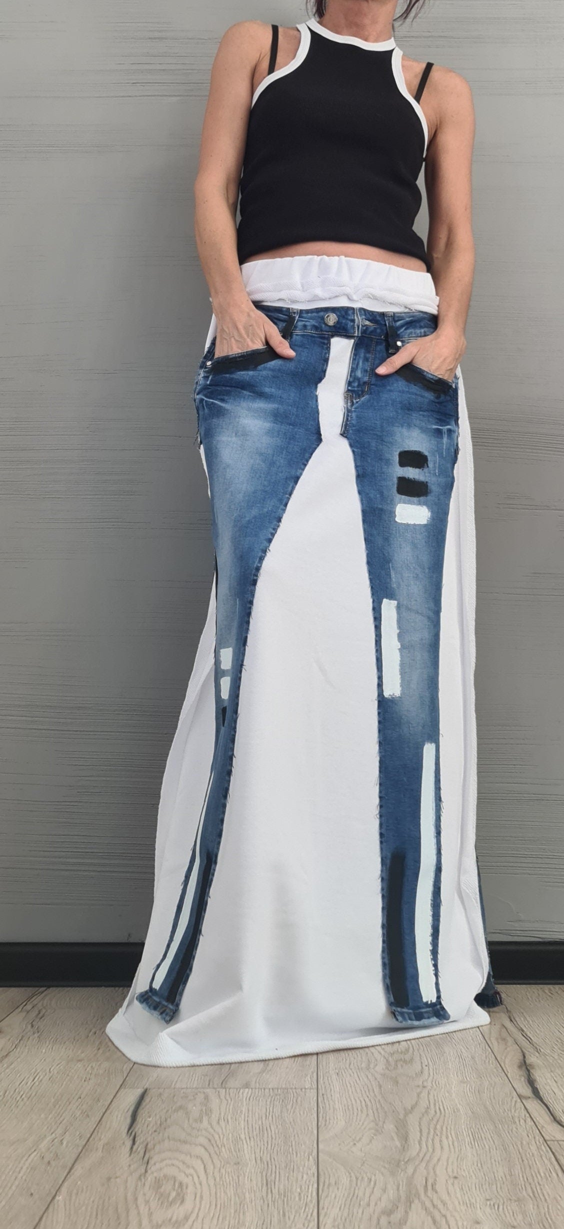 Avant-Garde White Long Skirt Dress – Asymmetrical Cotton Maxi Skirt with Raw Seams – Statement Clothing XS-5XL Outside Seam DRESSSHOESCODE