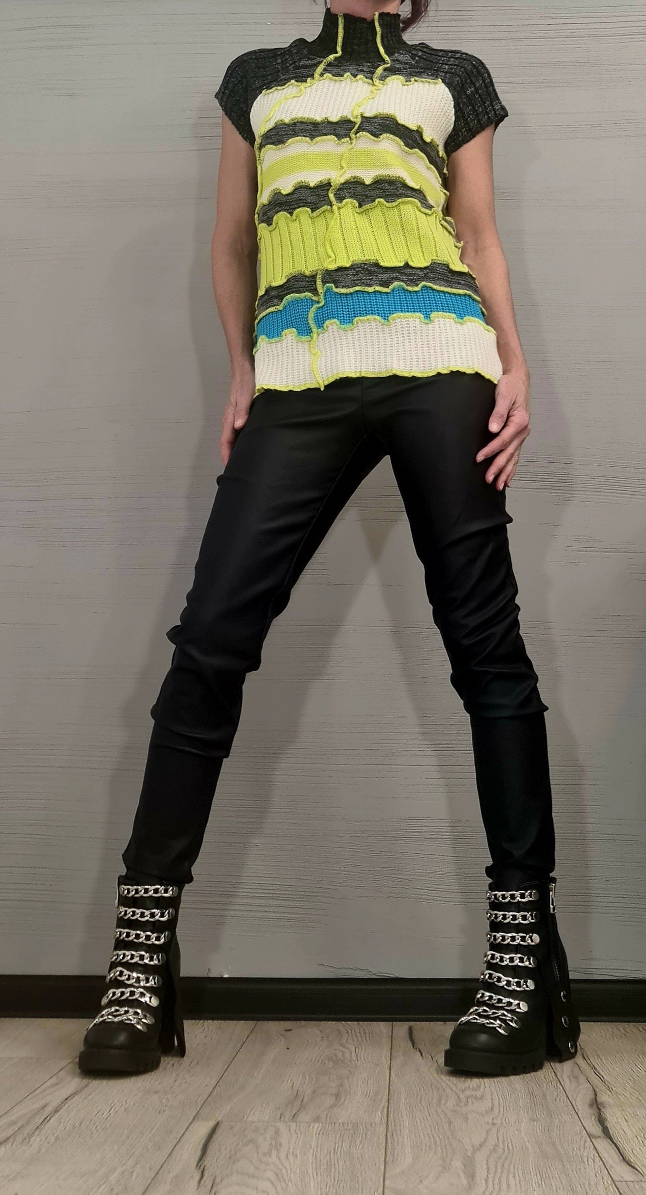 NEW Collection Knitted Blouse, Lime, white, light blue, gray,  Extravagant Top, Avant Garde Blouse, Knitted blouse Short sleeve