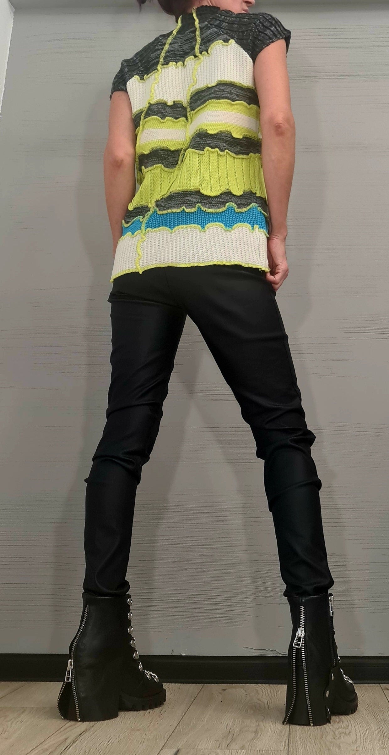 NEW Collection Knitted Blouse, Lime, white, light blue, gray,  Extravagant Top, Avant Garde Blouse, Knitted blouse Short sleeve