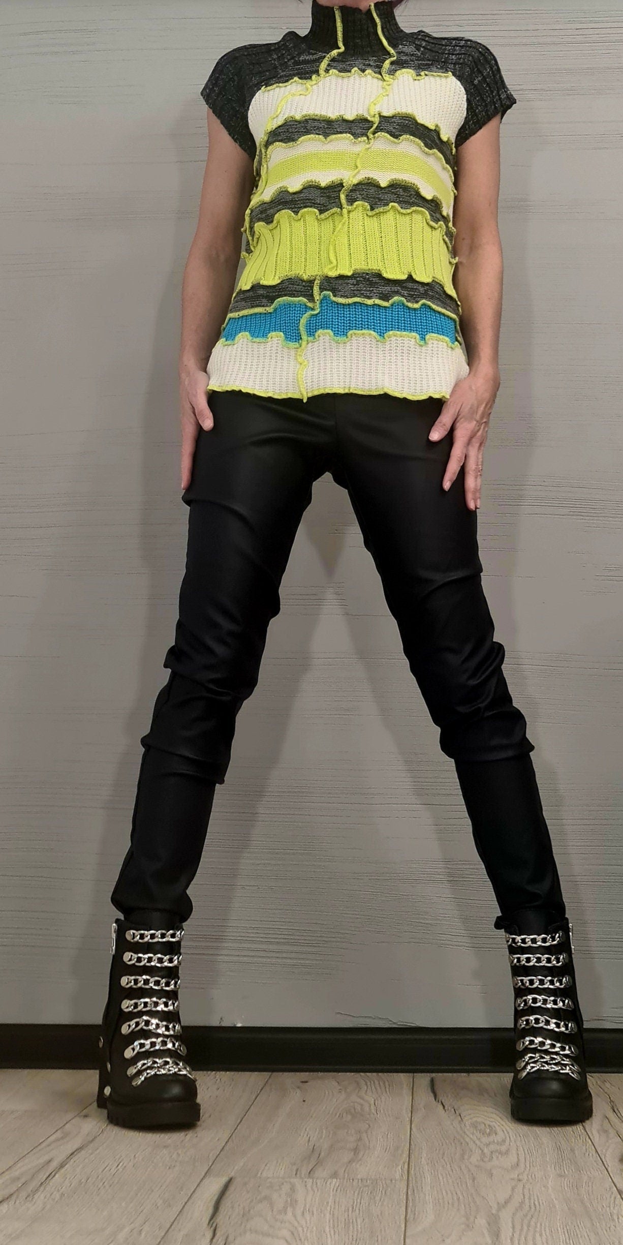 NEW Collection Knitted Blouse, Lime, white, light blue, gray,  Extravagant Top, Avant Garde Blouse, Knitted blouse Short sleeve