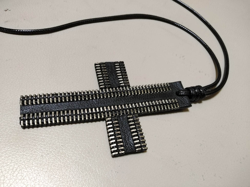 Black Leather Cross Necklace, Extravagant Leather Necklace, Gothic HandMade Necklace, Amulet Cross Necklace, Christmas gift for her