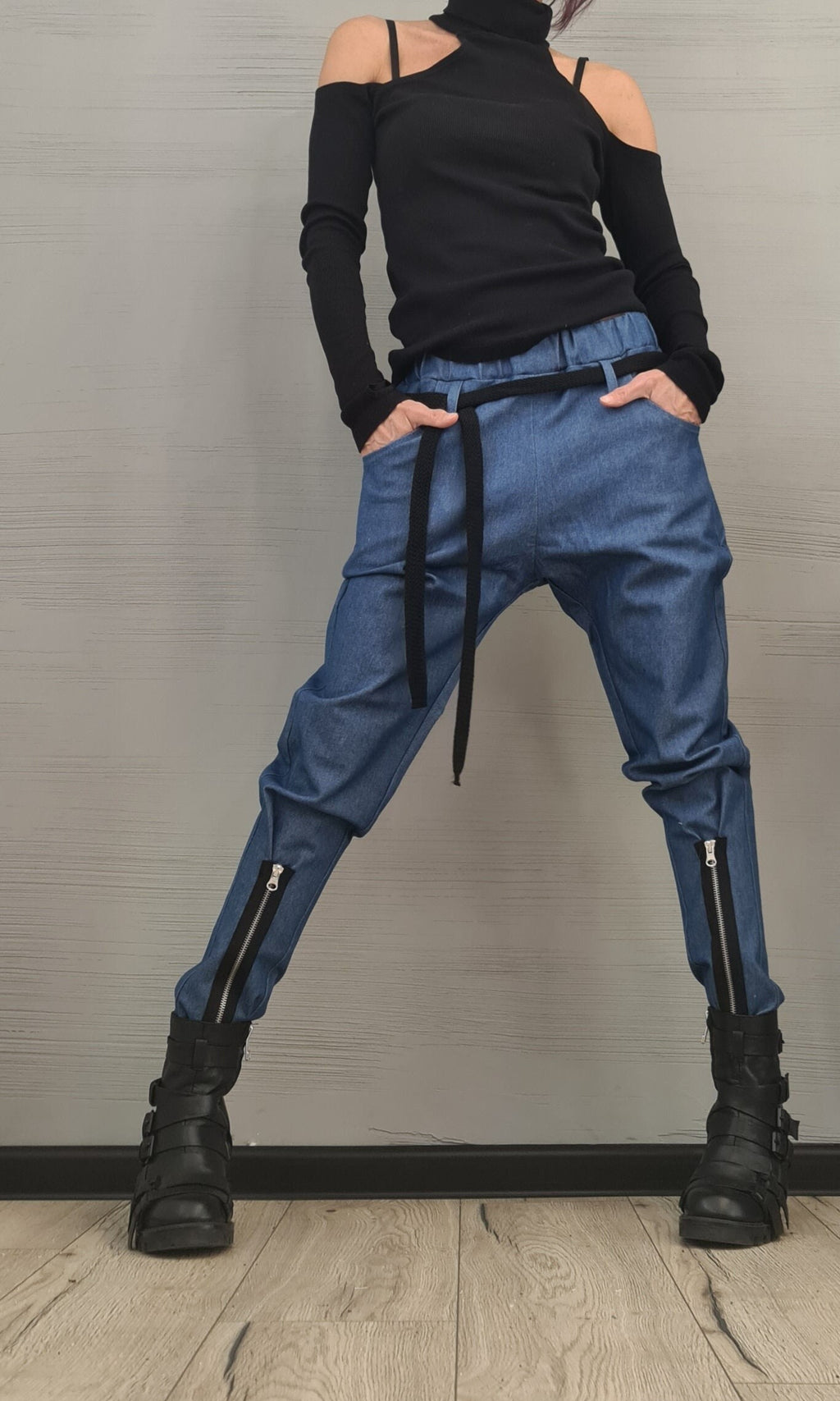 Extravagant Women Denim Harem Pants, Tight Zipper Pants, Women Baggy Trousers, Harem Trousers, White Loose Pants, Gothic Pants