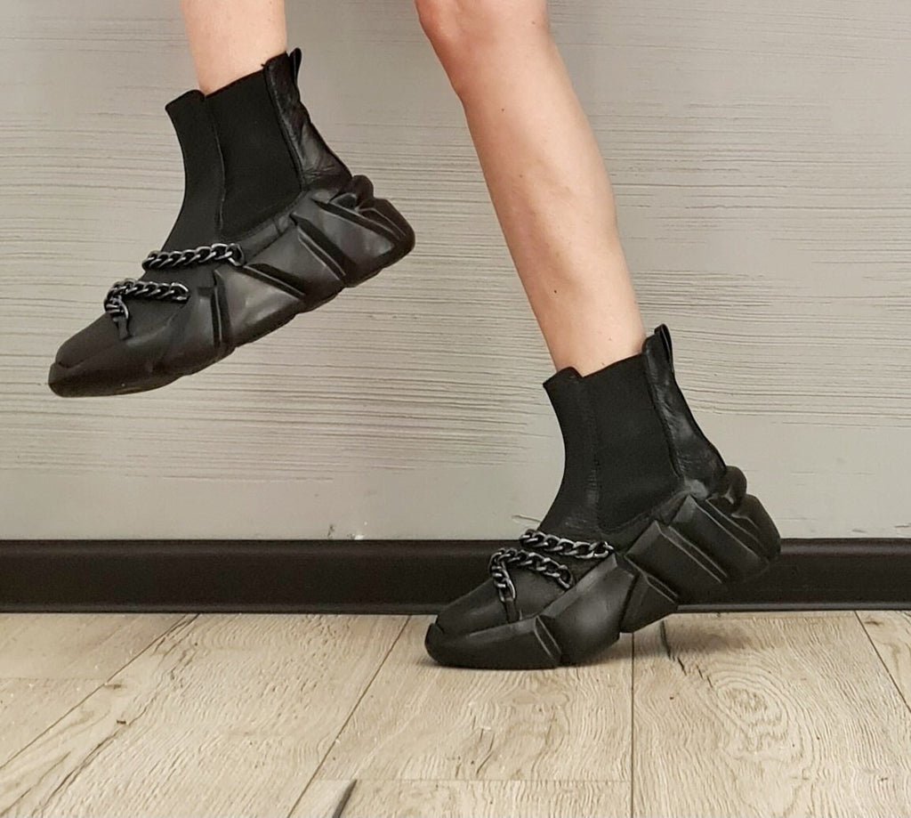 Genuine Leather Women Shoes, Black Extravagant Shoes, Genuine Leather Sneakers, All Seasons Shoes, Ankle Sneakers