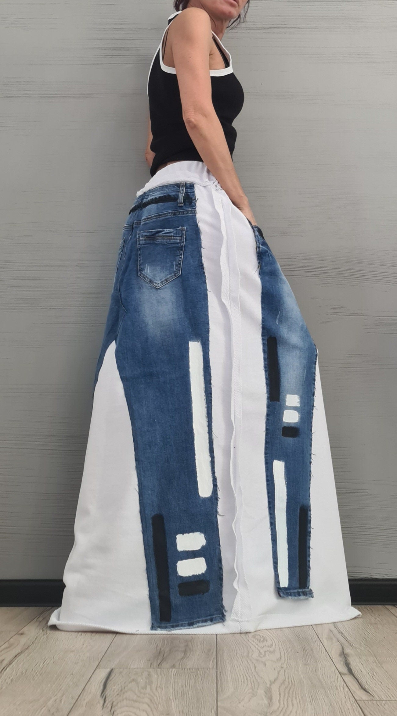 Avant-Garde White Long Skirt Dress – Asymmetrical Cotton Maxi Skirt with Raw Seams – Statement Clothing XS-5XL Outside Seam DRESSSHOESCODE