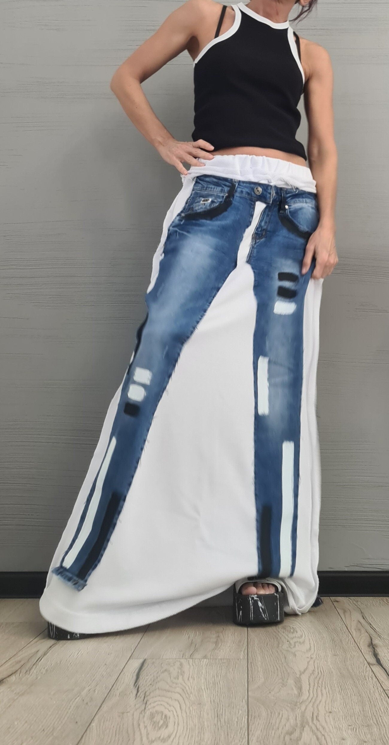 Avant-Garde White Long Skirt Dress – Asymmetrical Cotton Maxi Skirt with Raw Seams – Statement Clothing XS-5XL Outside Seam DRESSSHOESCODE