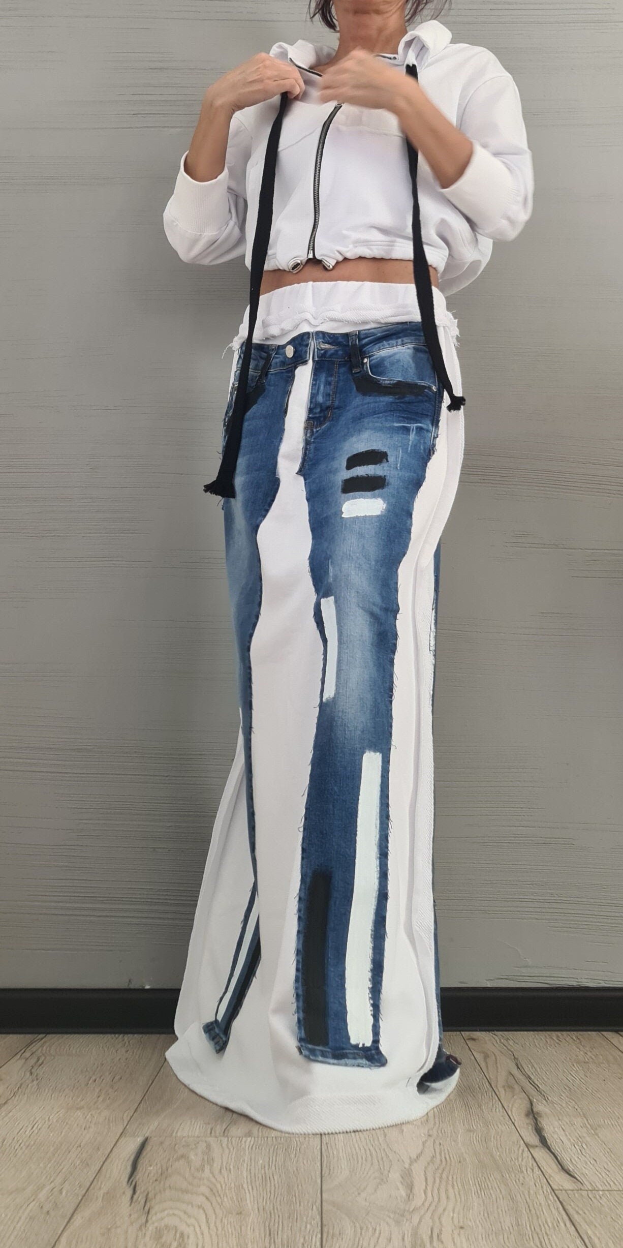 New collection Extravagant White Long Skirt, Sweatshirt, Cotton Denim Skirt, Deconstructed Avant Garde Skirt Outside Seam