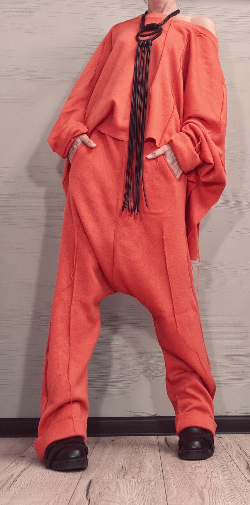 New collection Extravagant Knitted Set, Harem pant, Asymmetrical Orange Set, Outwear Women Set, Warm and soft set, Outer seam