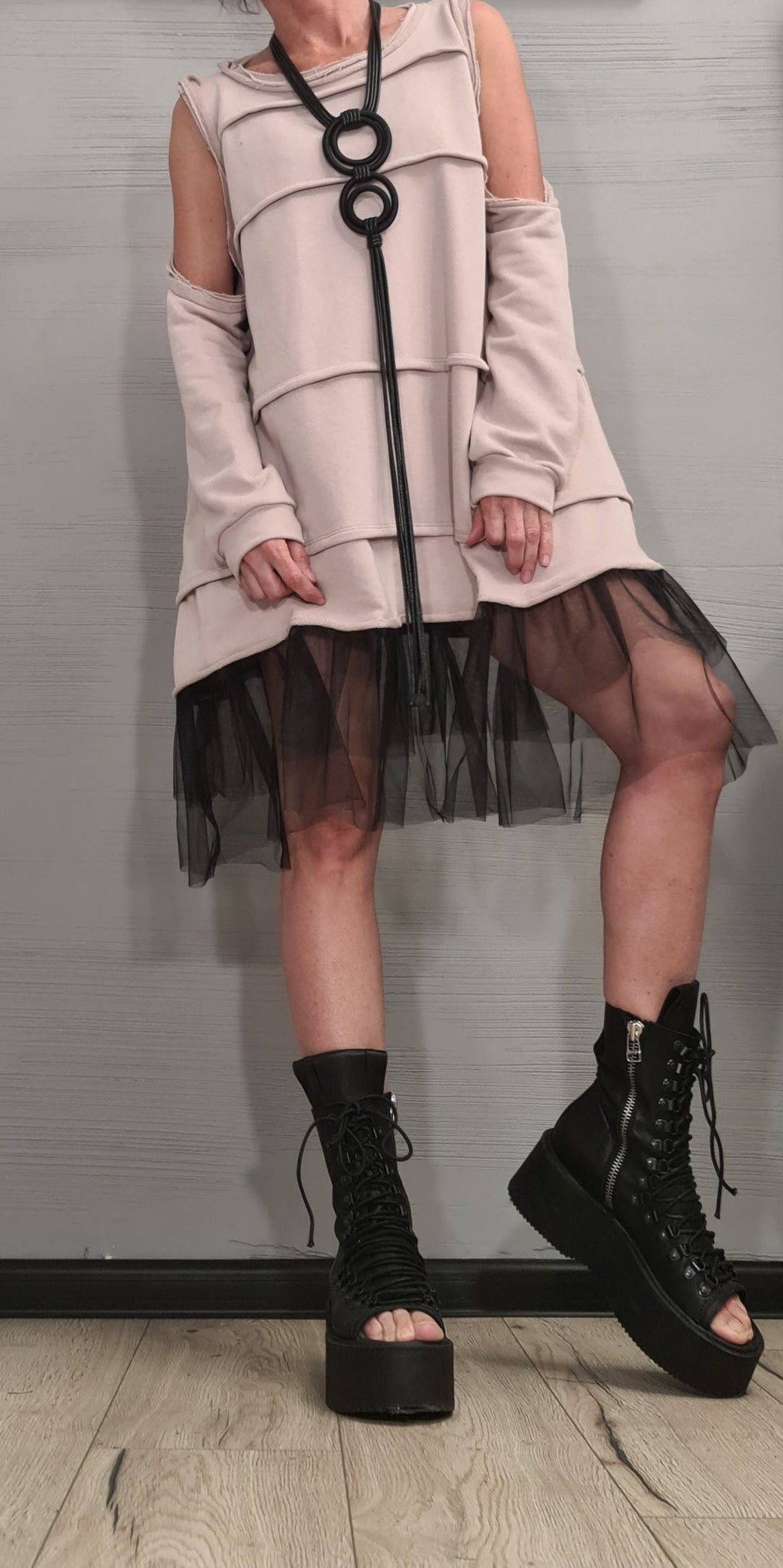 Asymmetrical Tulle Dress Tunic, Black Avant Garde Loose Dress, Deconstructed Oversize Dress, With and without sleeve