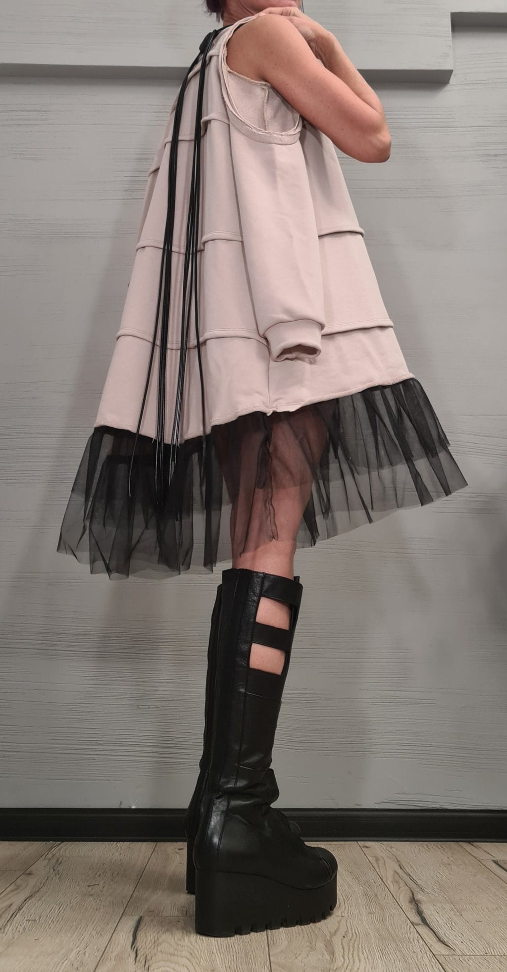 Asymmetrical Tulle Dress Tunic, Black Avant Garde Loose Dress, Deconstructed Oversize Dress, With and without sleeve