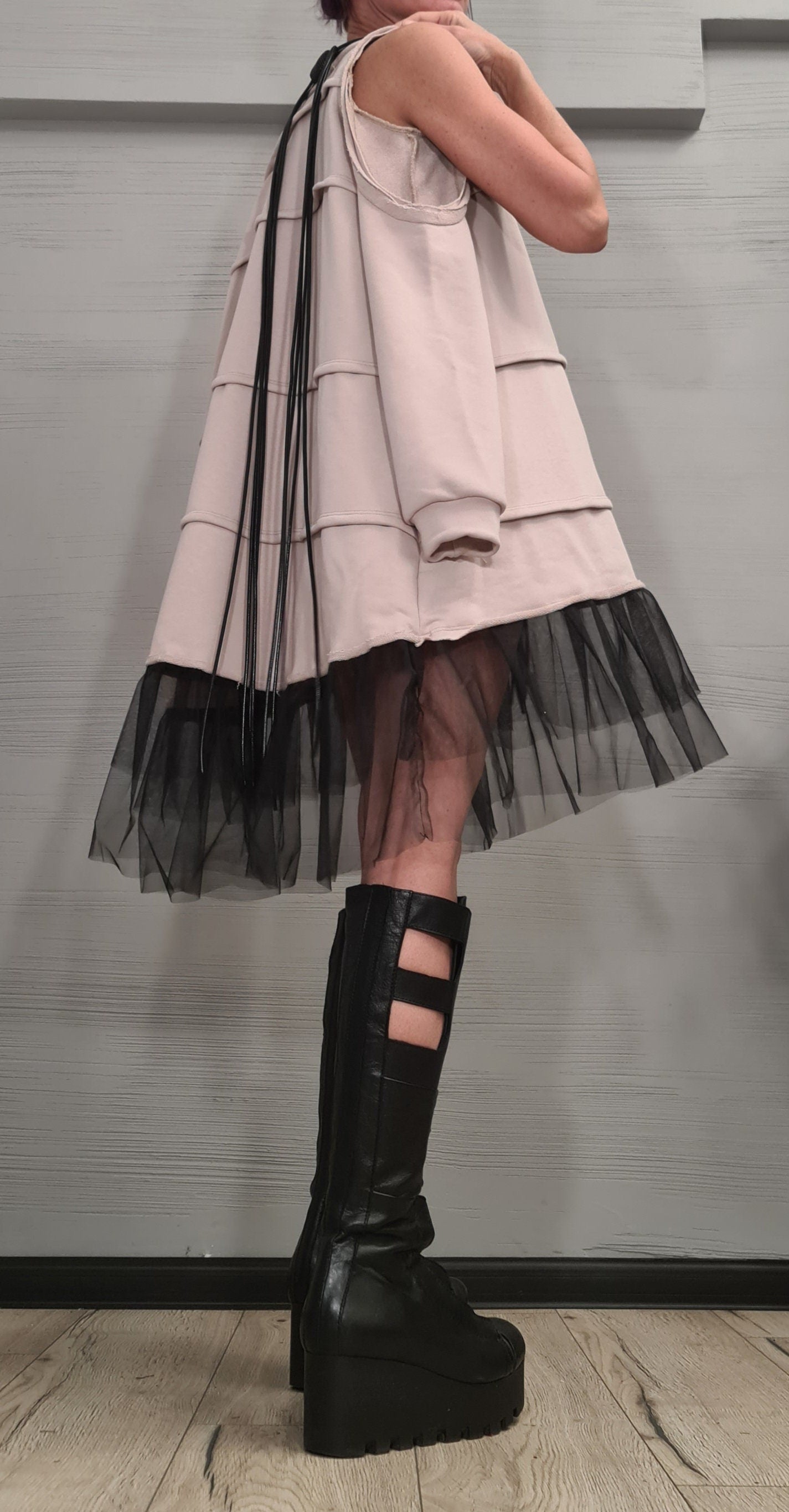 Asymmetrical Dress Tunicq Avant Garde Loose Dress, Deconstructed Oversize Dress, With and without sleeve, Dress with tulle