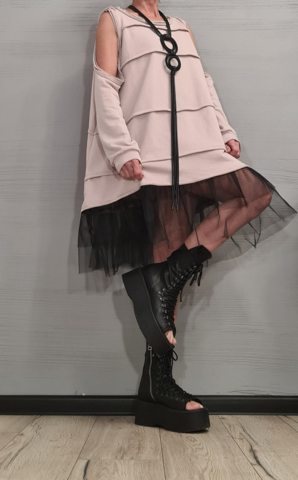 Asymmetrical Tulle Dress Tunic, Black Avant Garde Loose Dress, Deconstructed Oversize Dress, With and without sleeve