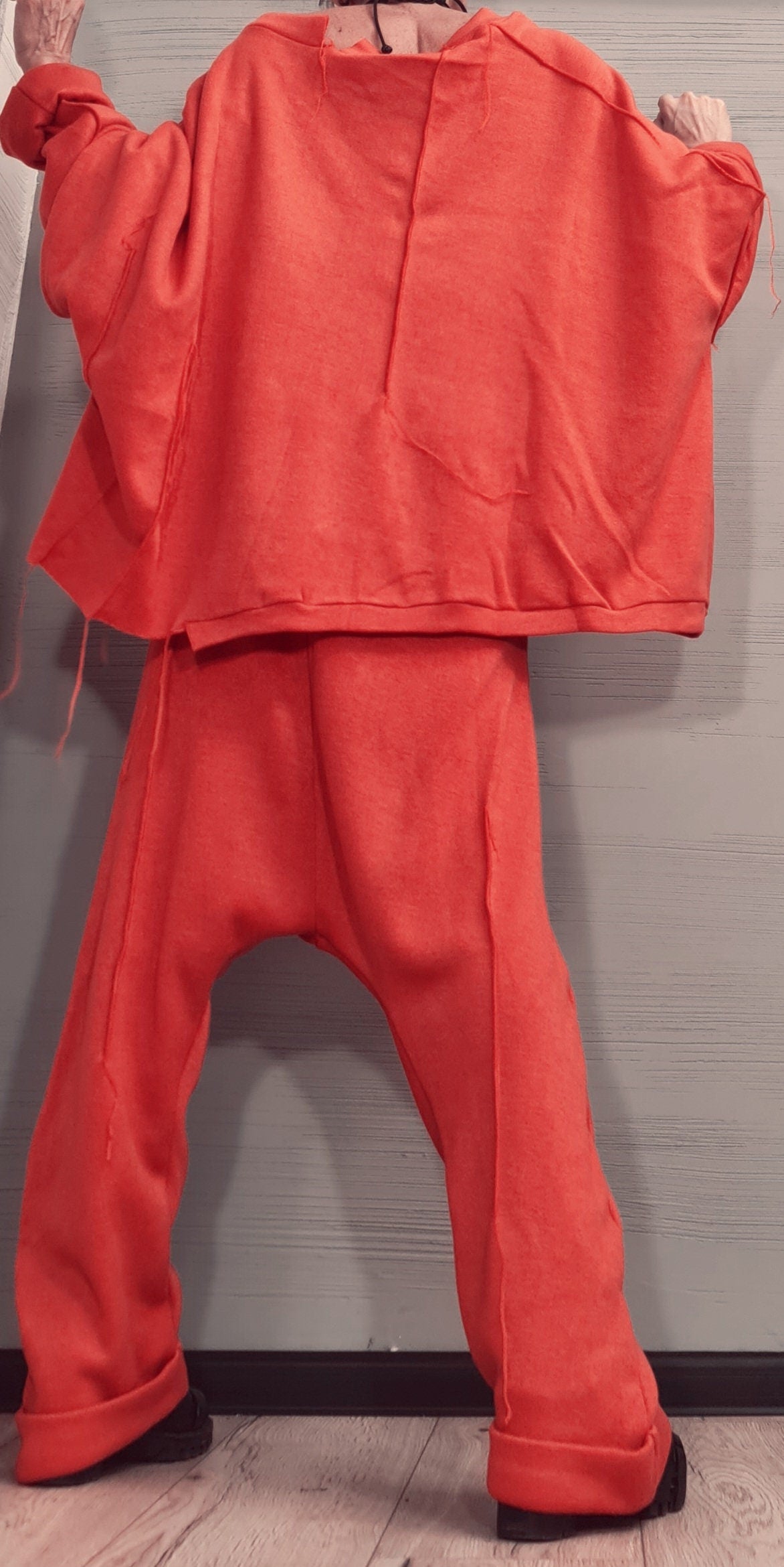 New collection Extravagant Knitted Set, Harem pant, Asymmetrical Orange Set, Outwear Women Set, Warm and soft set, Outer seam
