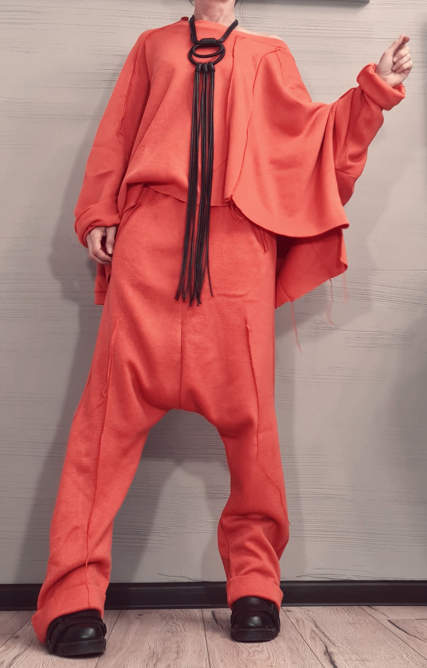 New collection Extravagant Knitted Set, Harem pant, Asymmetrical Orange Set, Outwear Women Set, Warm and soft set, Outer seam