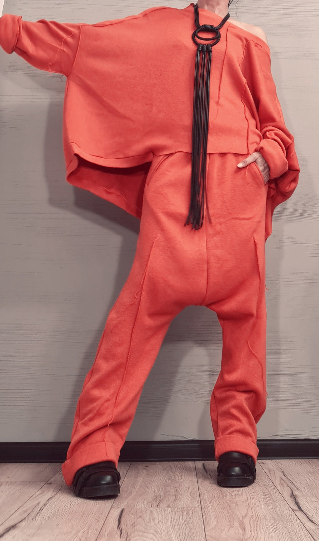 New collection Extravagant Knitted Set, Harem pant, Asymmetrical Orange Set, Outwear Women Set, Warm and soft set, Outer seam