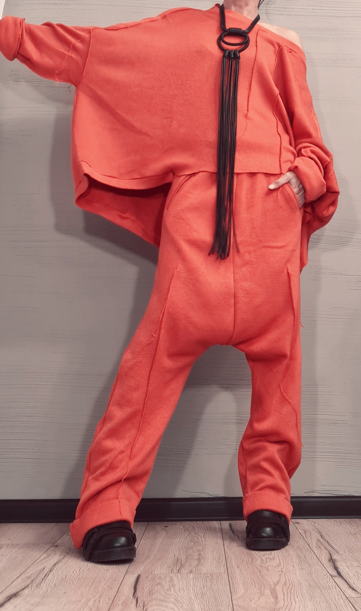 New collection Extravagant Knitted Set, Harem pant, Asymmetrical Orange Set, Outwear Women Set, Warm and soft set, Outer seam