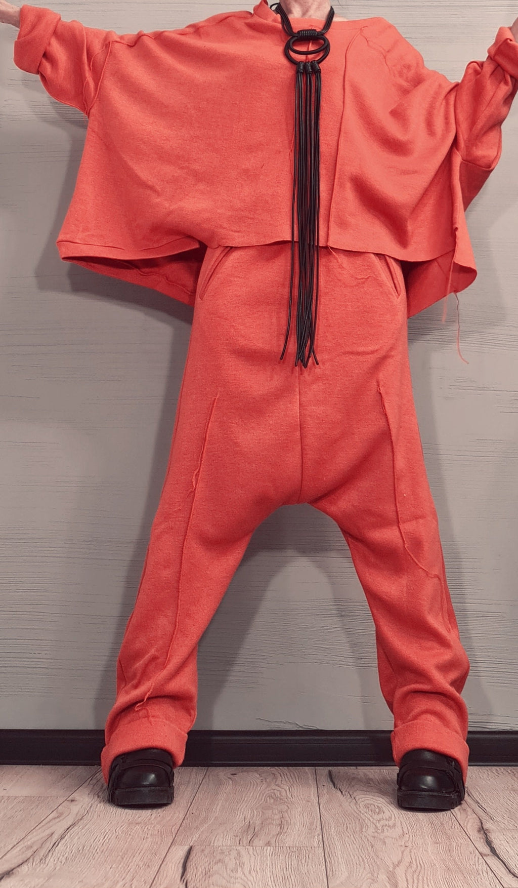 New collection Extravagant Knitted Set, Harem pant, Asymmetrical Orange Set, Outwear Women Set, Warm and soft set, Outer seam